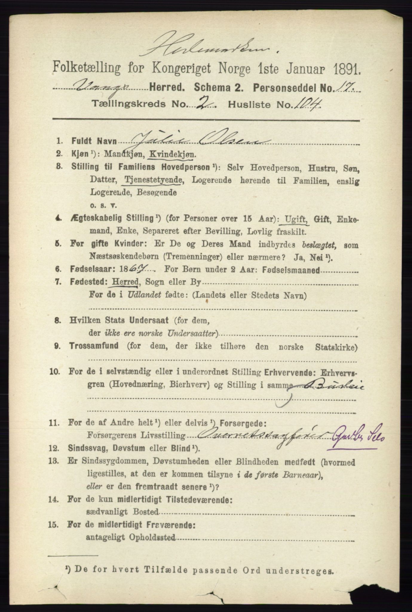 RA, 1891 census for 0414 Vang, 1891, p. 1743