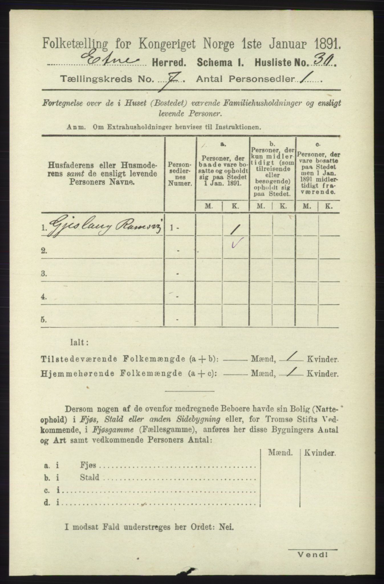 RA, 1891 census for 1211 Etne, 1891, p. 1389