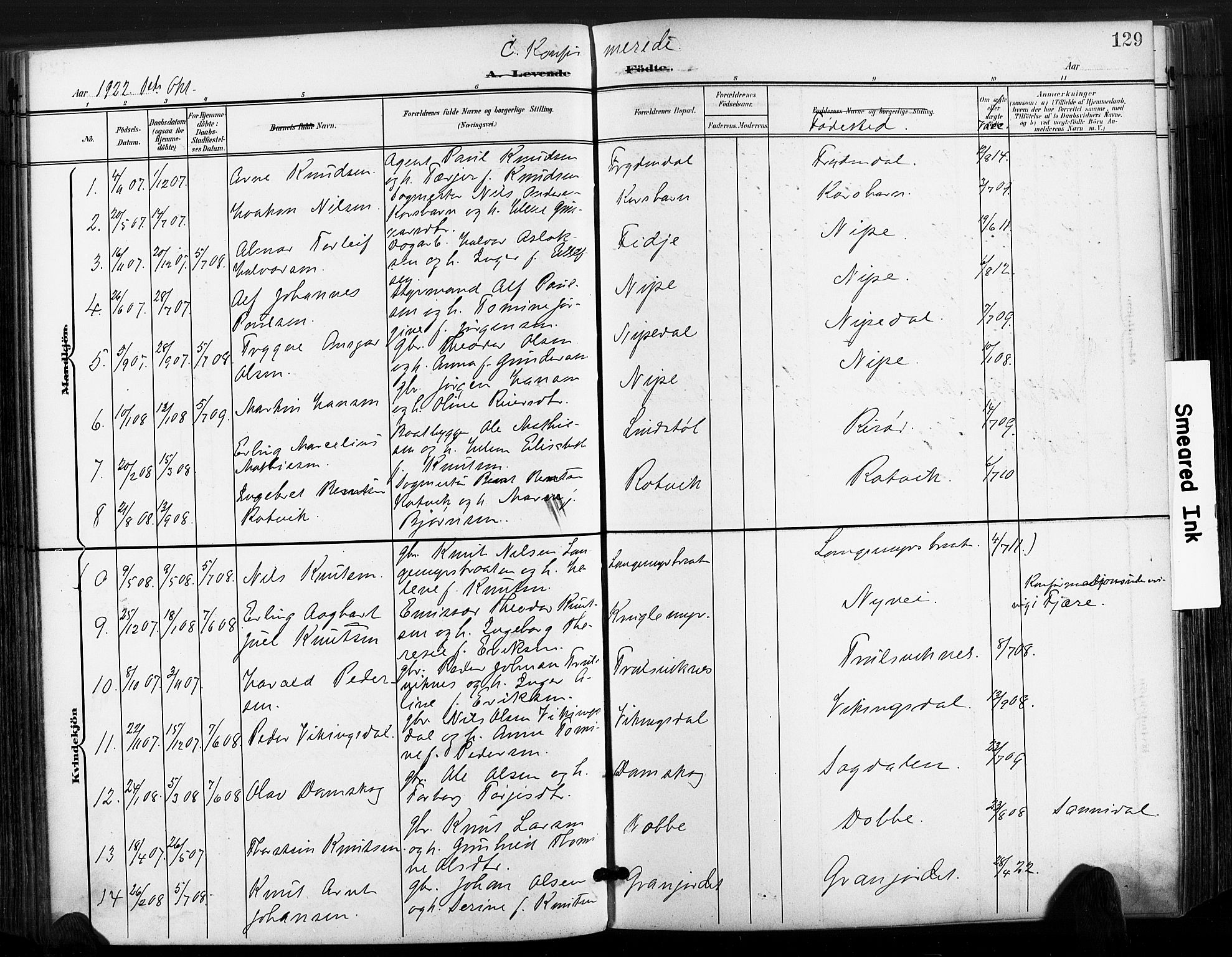 Søndeled sokneprestkontor, AV/SAK-1111-0038/F/Fa/L0006: Parish register (official) no. A 6, 1900-1922, p. 129