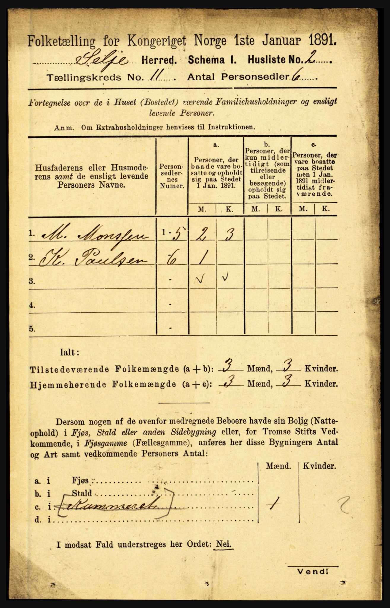 RA, 1891 census for 1441 Selje, 1891, p. 3375