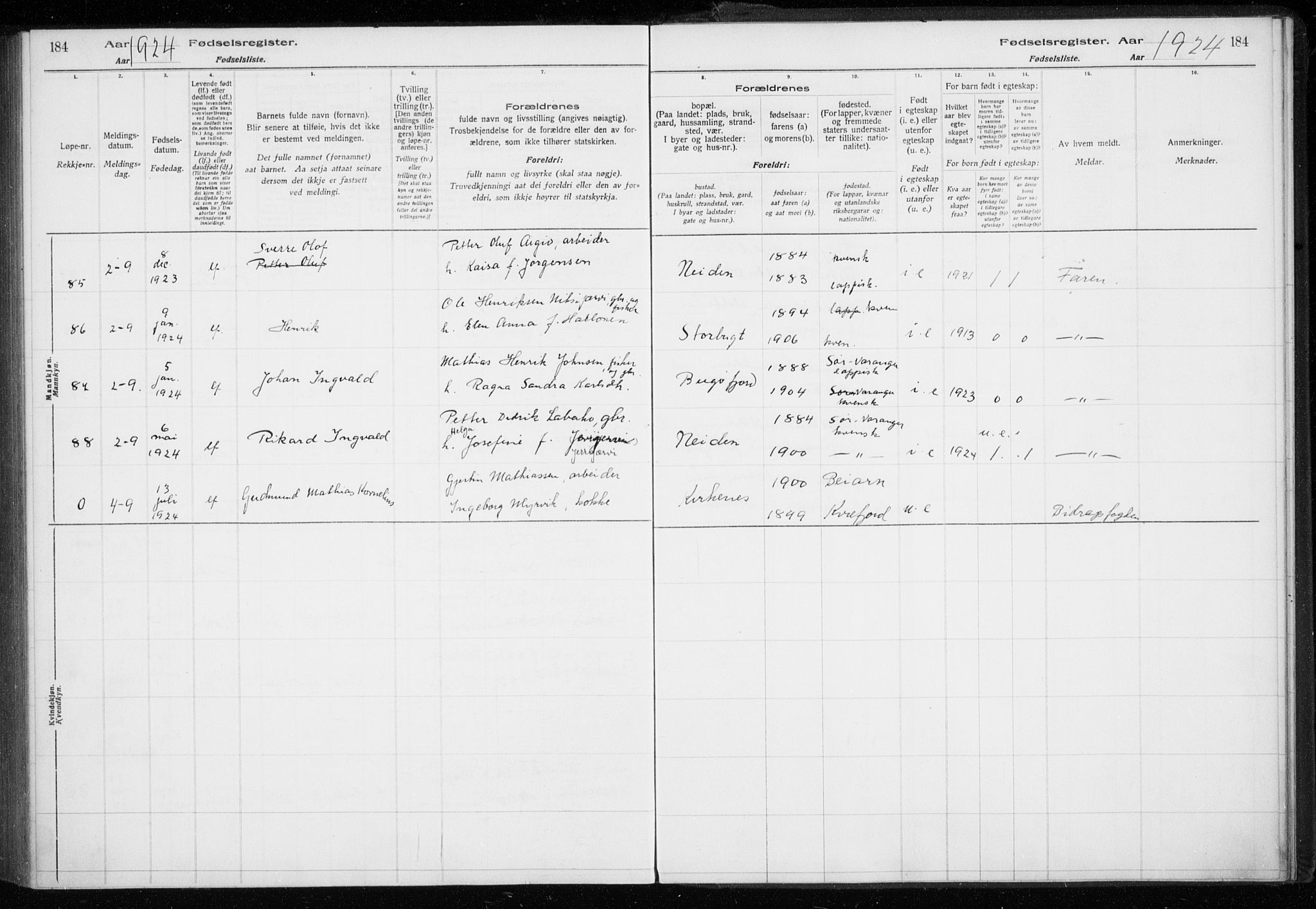 Sør-Varanger sokneprestkontor, AV/SATØ-S-1331/I/Ia/L0016: Birth register no. 16, 1915-1925, p. 184