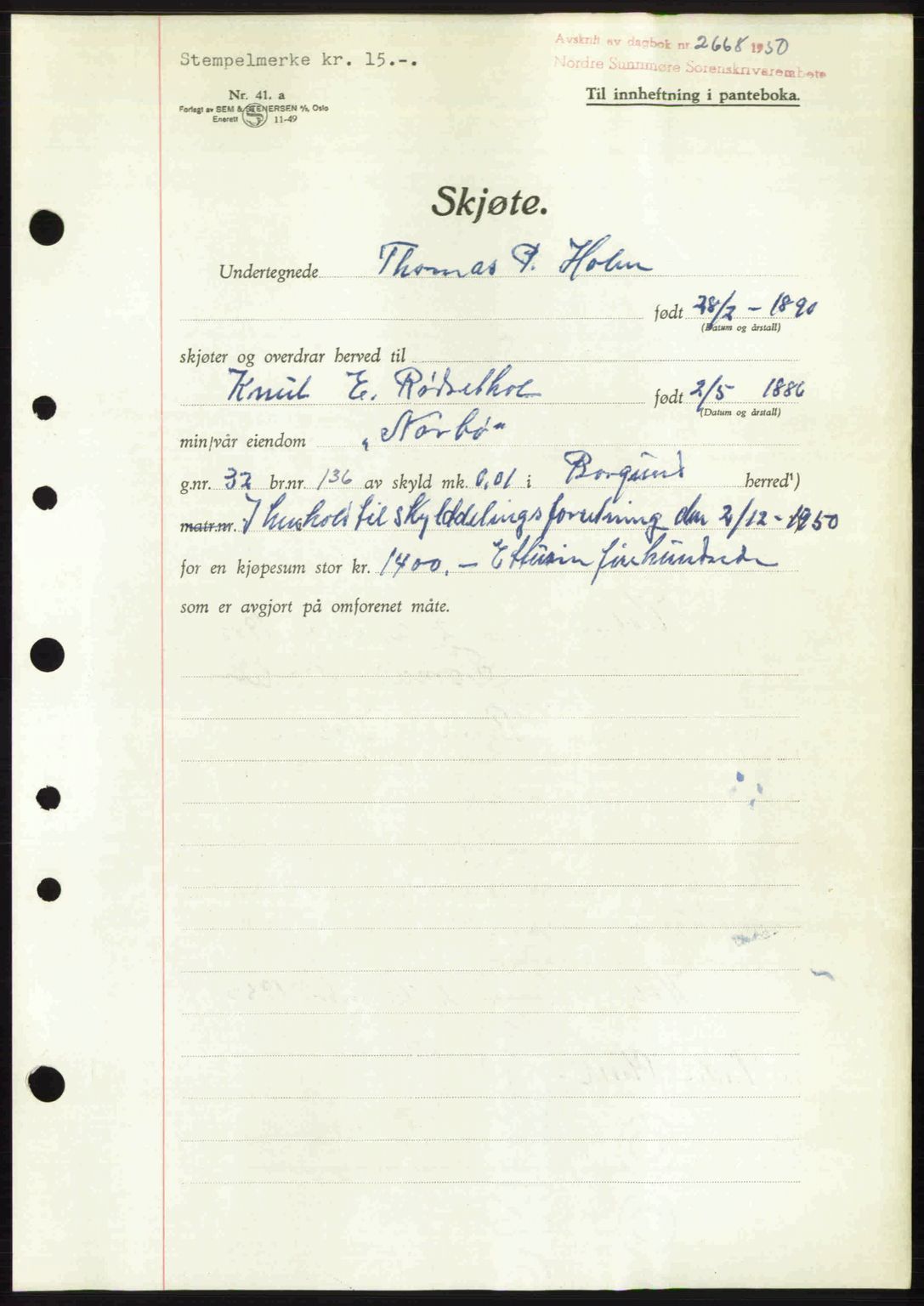 Nordre Sunnmøre sorenskriveri, AV/SAT-A-0006/1/2/2C/2Ca: Mortgage book no. A36, 1950-1950, Diary no: : 2668/1950