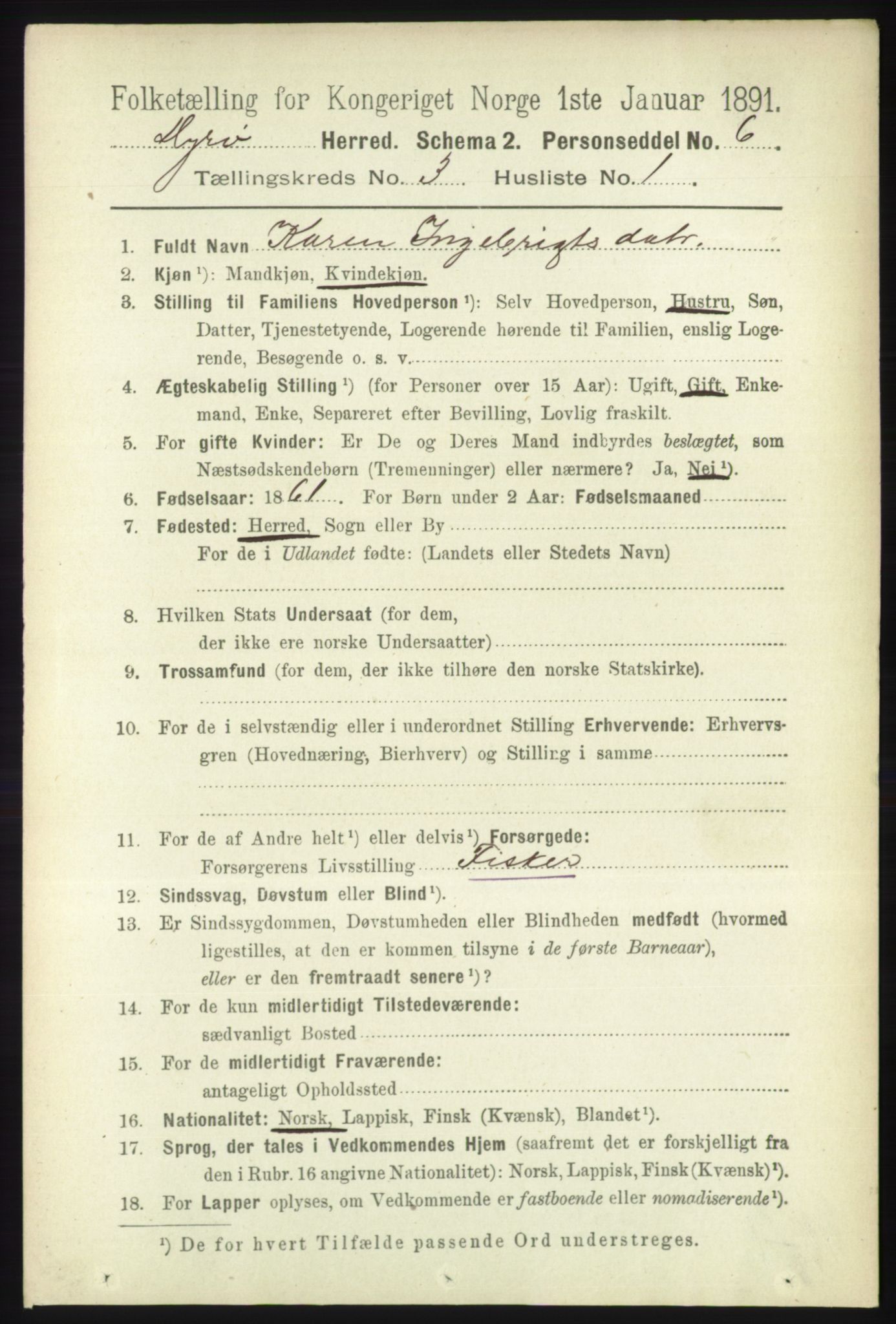 RA, 1891 census for 1926 Dyrøy, 1891, p. 1151