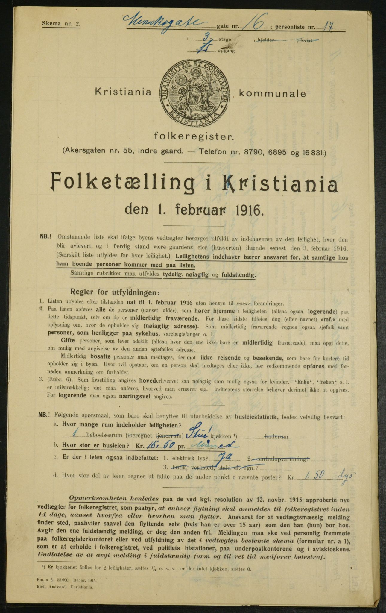 OBA, Municipal Census 1916 for Kristiania, 1916, p. 1275