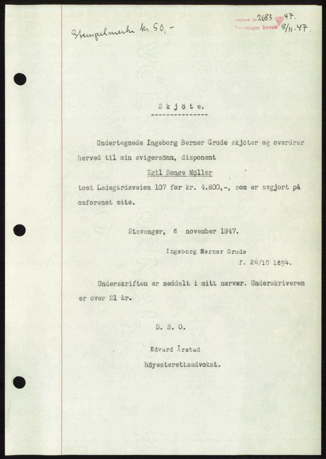 Stavanger byrett, SAST/A-100455/002/G/Gb/L0022: Mortgage book no. A11, 1947-1948, Diary no: : 2683/1947