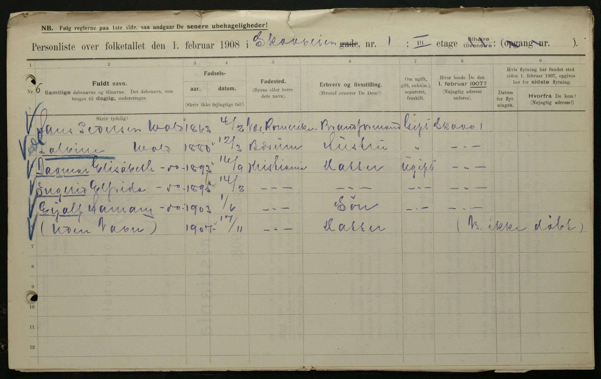 OBA, Municipal Census 1908 for Kristiania, 1908, p. 86730