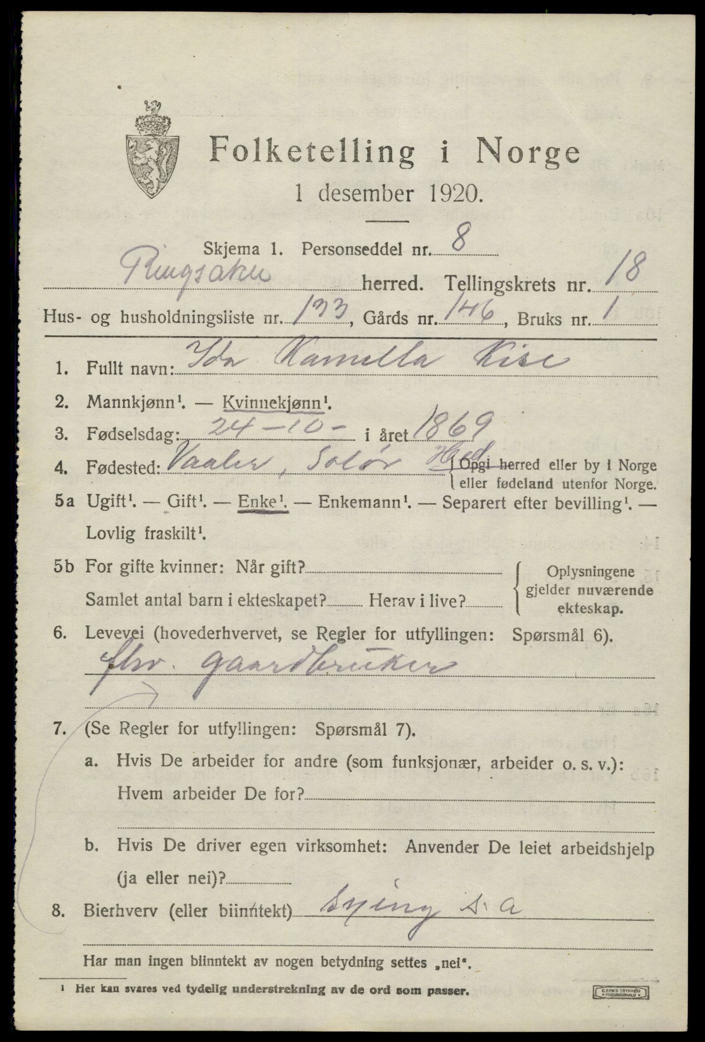 SAH, 1920 census for Ringsaker, 1920, p. 26570