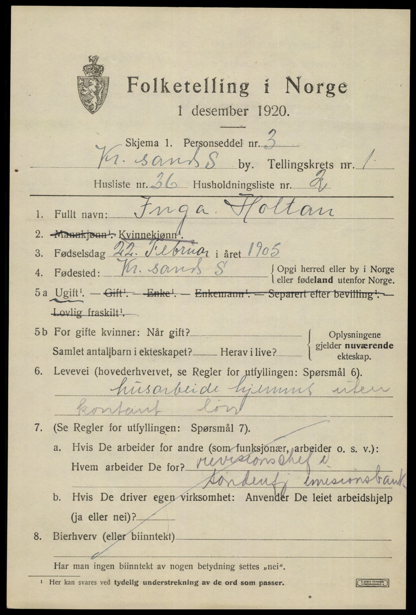 SAK, 1920 census for Kristiansand, 1920, p. 11719