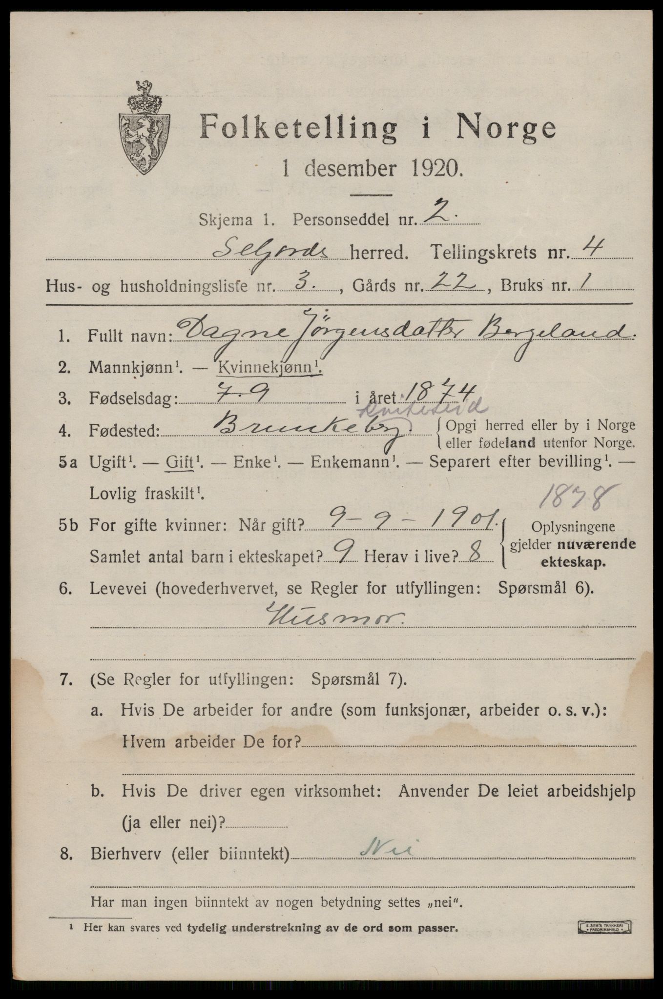 SAKO, 1920 census for Seljord, 1920, p. 2116