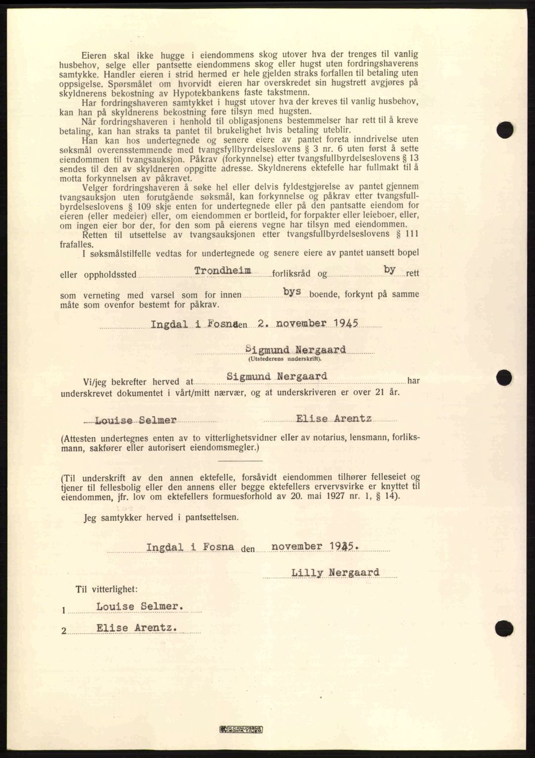 Fosen sorenskriveri, AV/SAT-A-1107/1/2/2C: Mortgage book no. A/B, 1941-1945, Diary no: : 905/1945