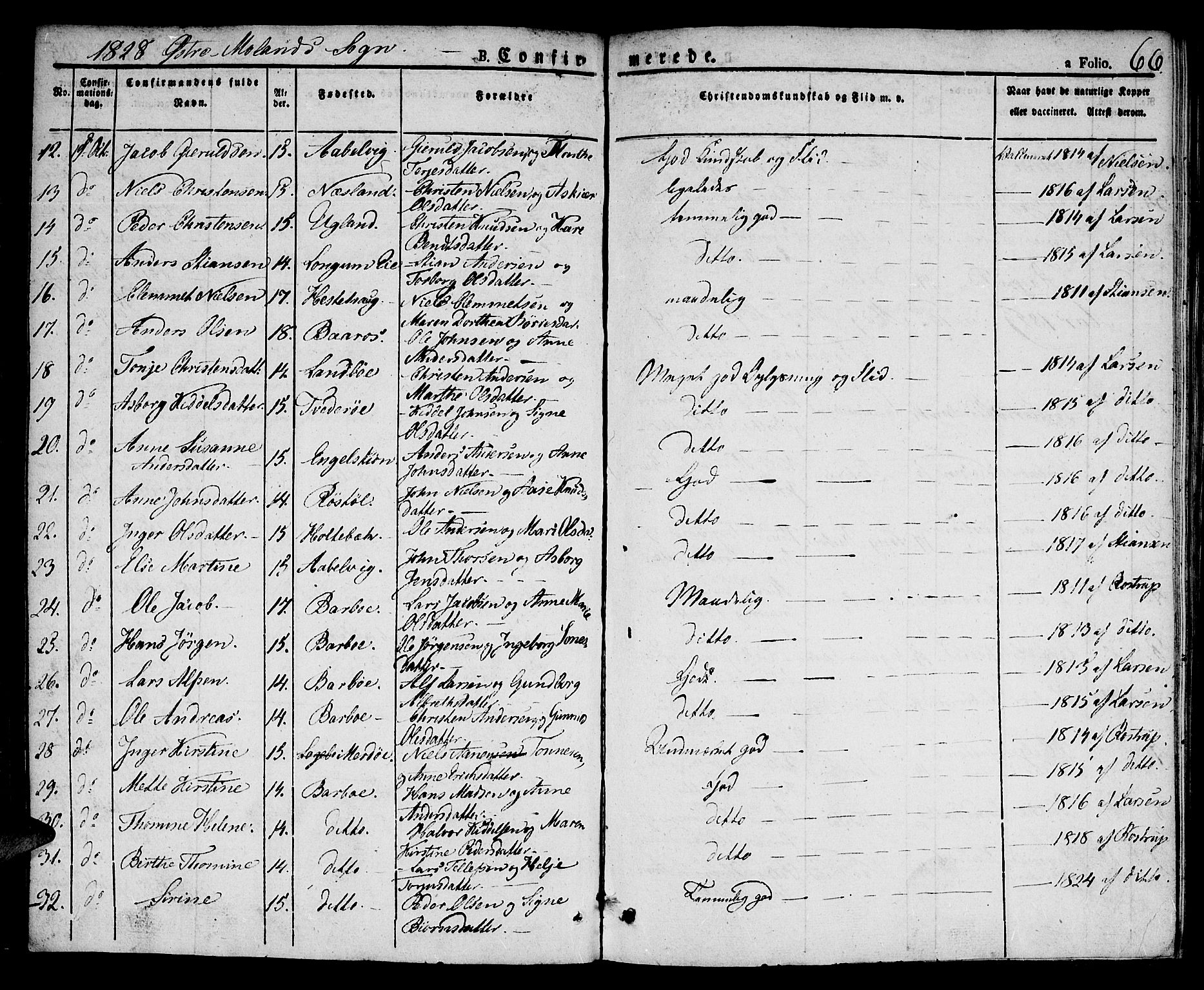 Austre Moland sokneprestkontor, SAK/1111-0001/F/Fa/Faa/L0005: Parish register (official) no. A 5, 1825-1837, p. 66