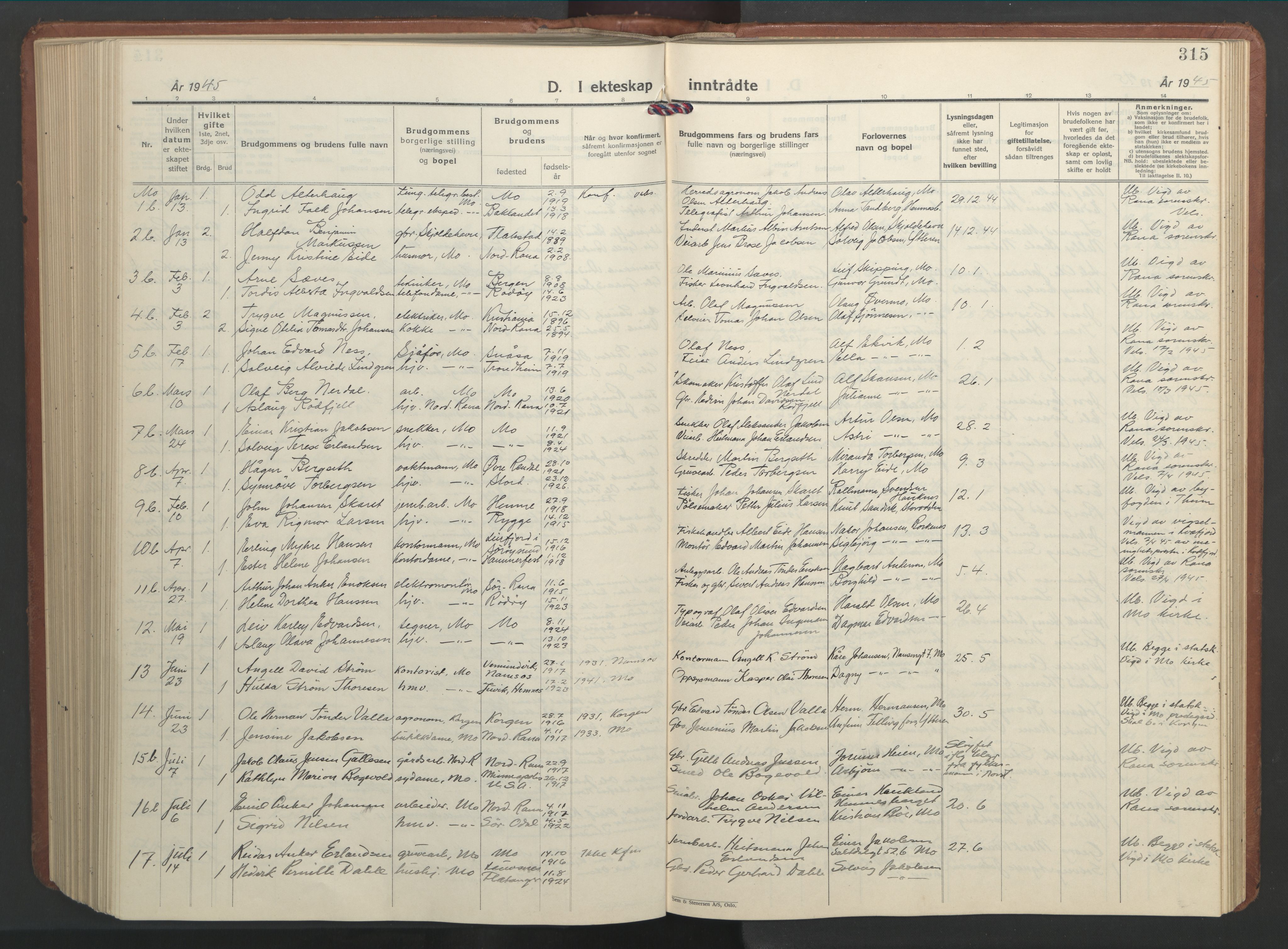 Ministerialprotokoller, klokkerbøker og fødselsregistre - Nordland, AV/SAT-A-1459/827/L0425: Parish register (copy) no. 827C14, 1931-1946, p. 315