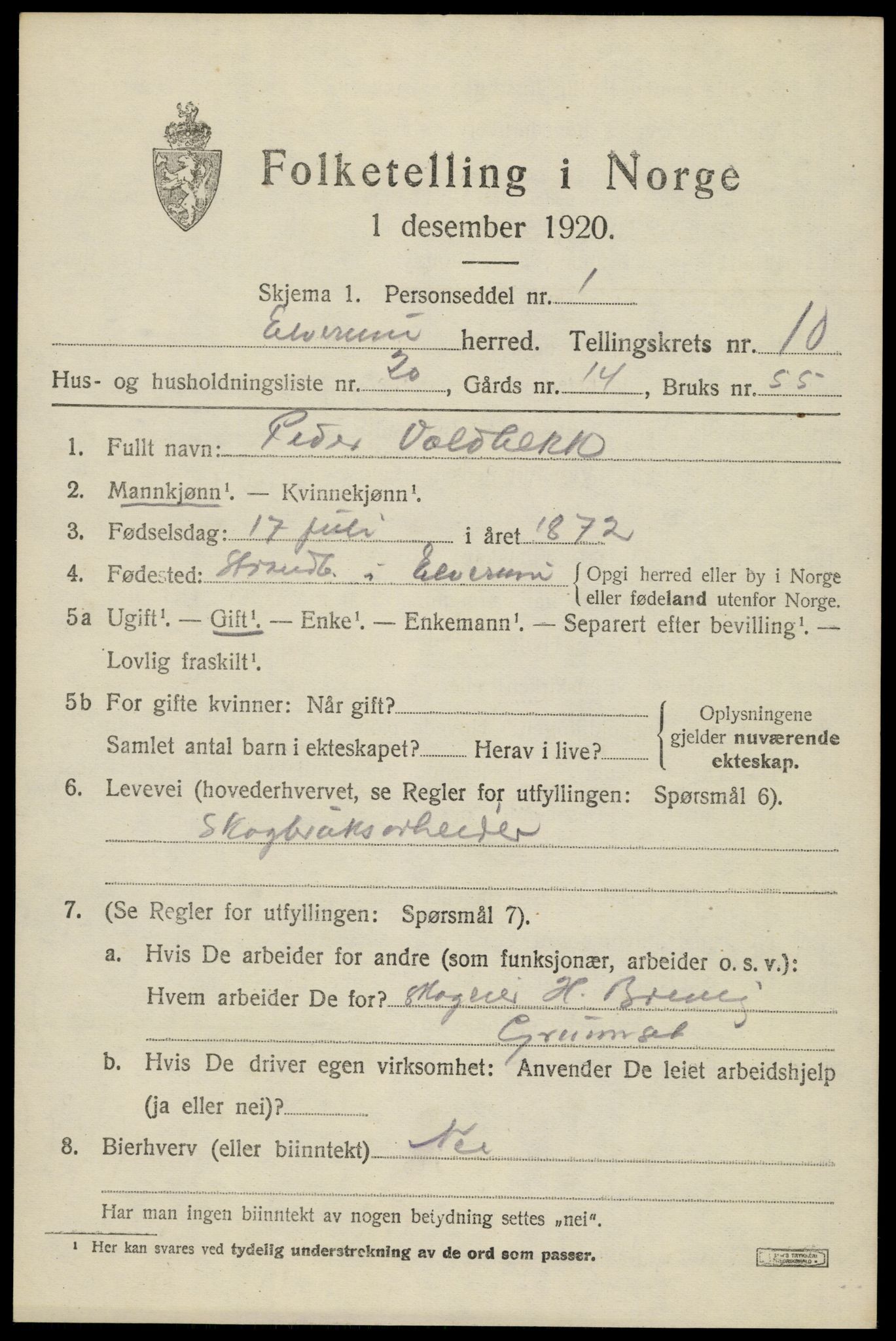 SAH, 1920 census for Elverum, 1920, p. 16062