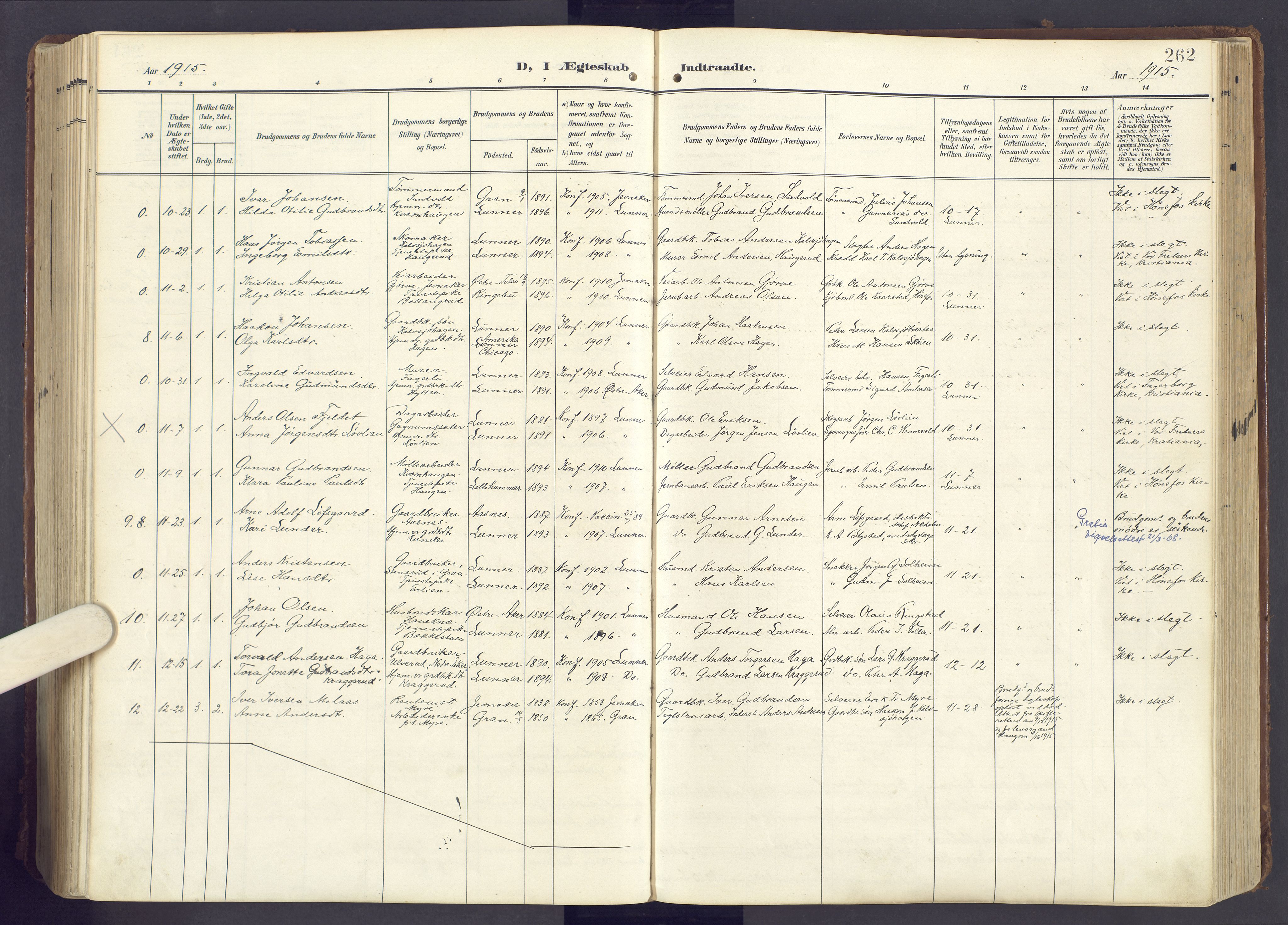 Lunner prestekontor, SAH/PREST-118/H/Ha/Haa/L0001: Parish register (official) no. 1, 1907-1922, p. 262