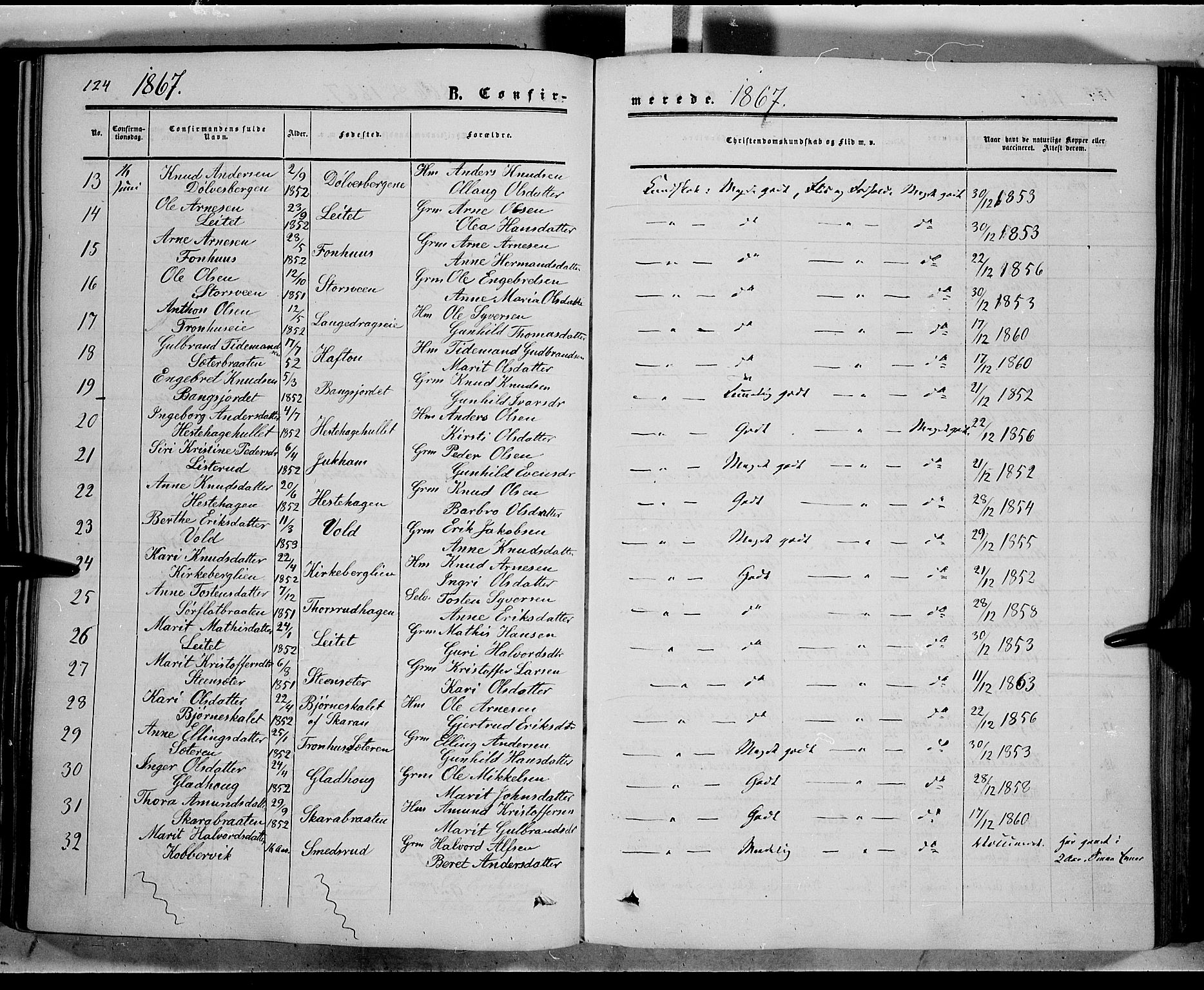 Sør-Aurdal prestekontor, SAH/PREST-128/H/Ha/Haa/L0005: Parish register (official) no. 5, 1849-1876, p. 124