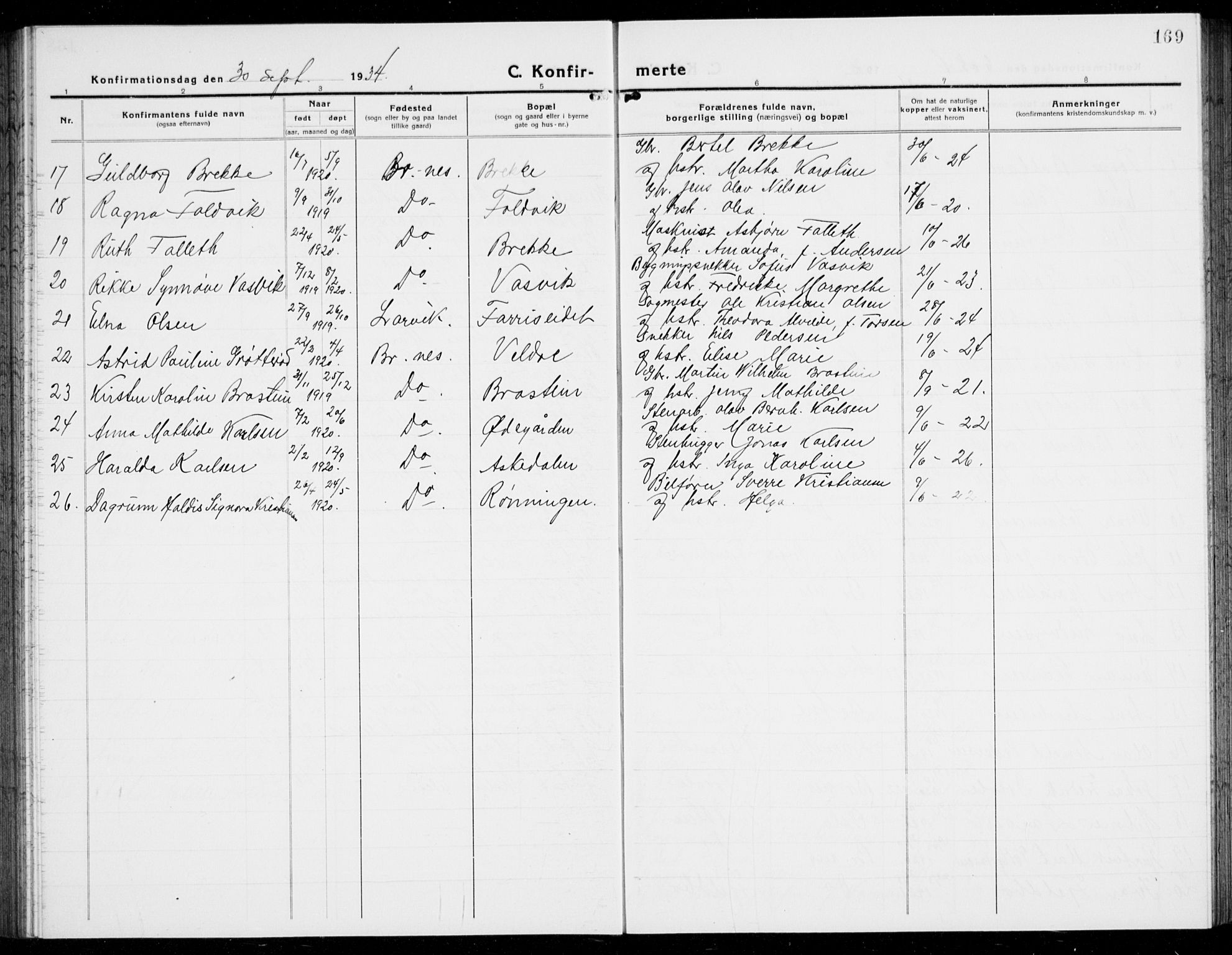 Brunlanes kirkebøker, SAKO/A-342/G/Ga/L0005: Parish register (copy) no. I 5, 1918-1941, p. 169