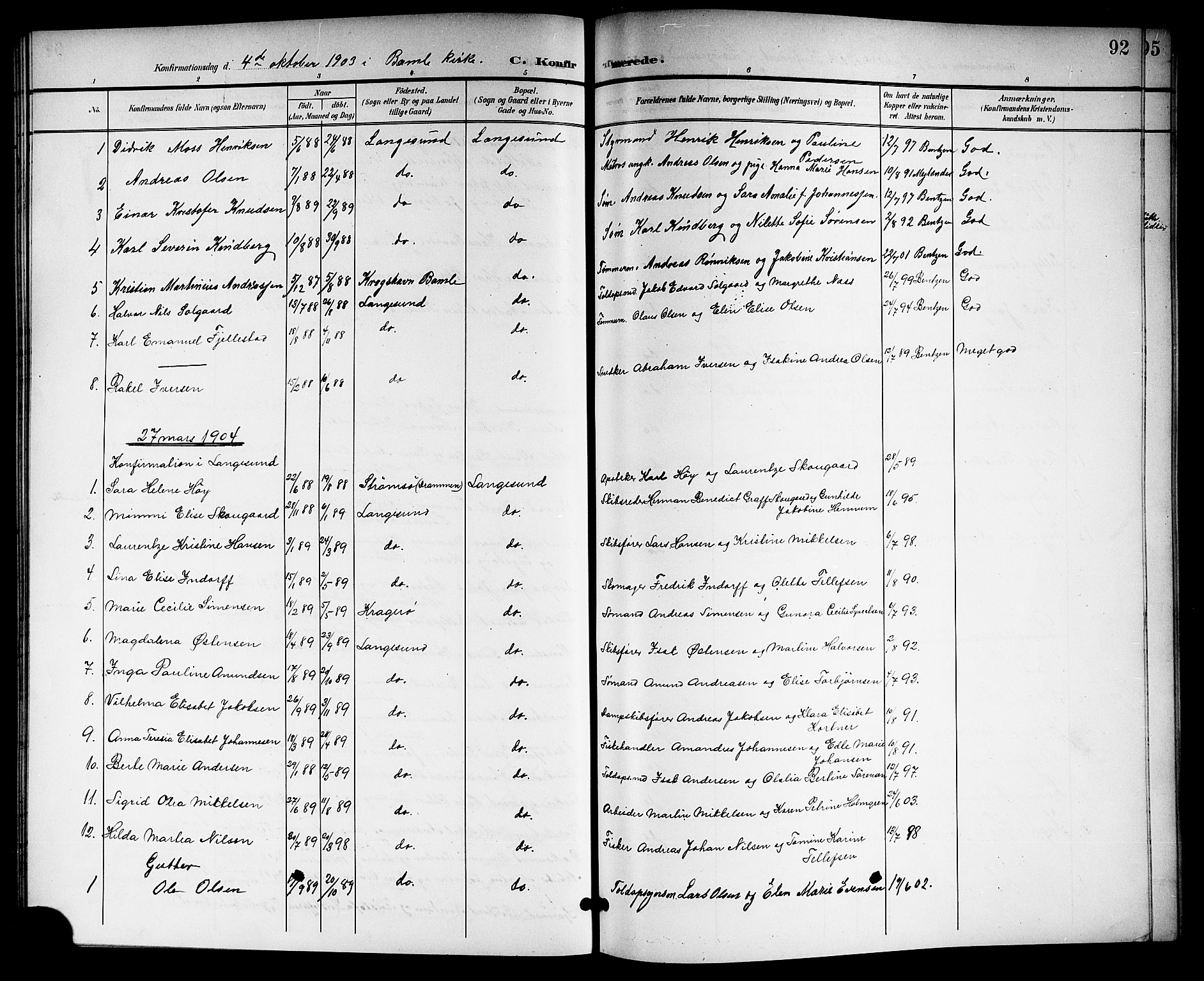 Langesund kirkebøker, SAKO/A-280/G/Ga/L0006: Parish register (copy) no. 6, 1899-1918, p. 92