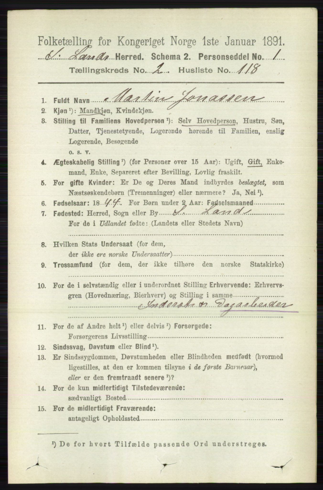 RA, 1891 census for 0536 Søndre Land, 1891, p. 1745