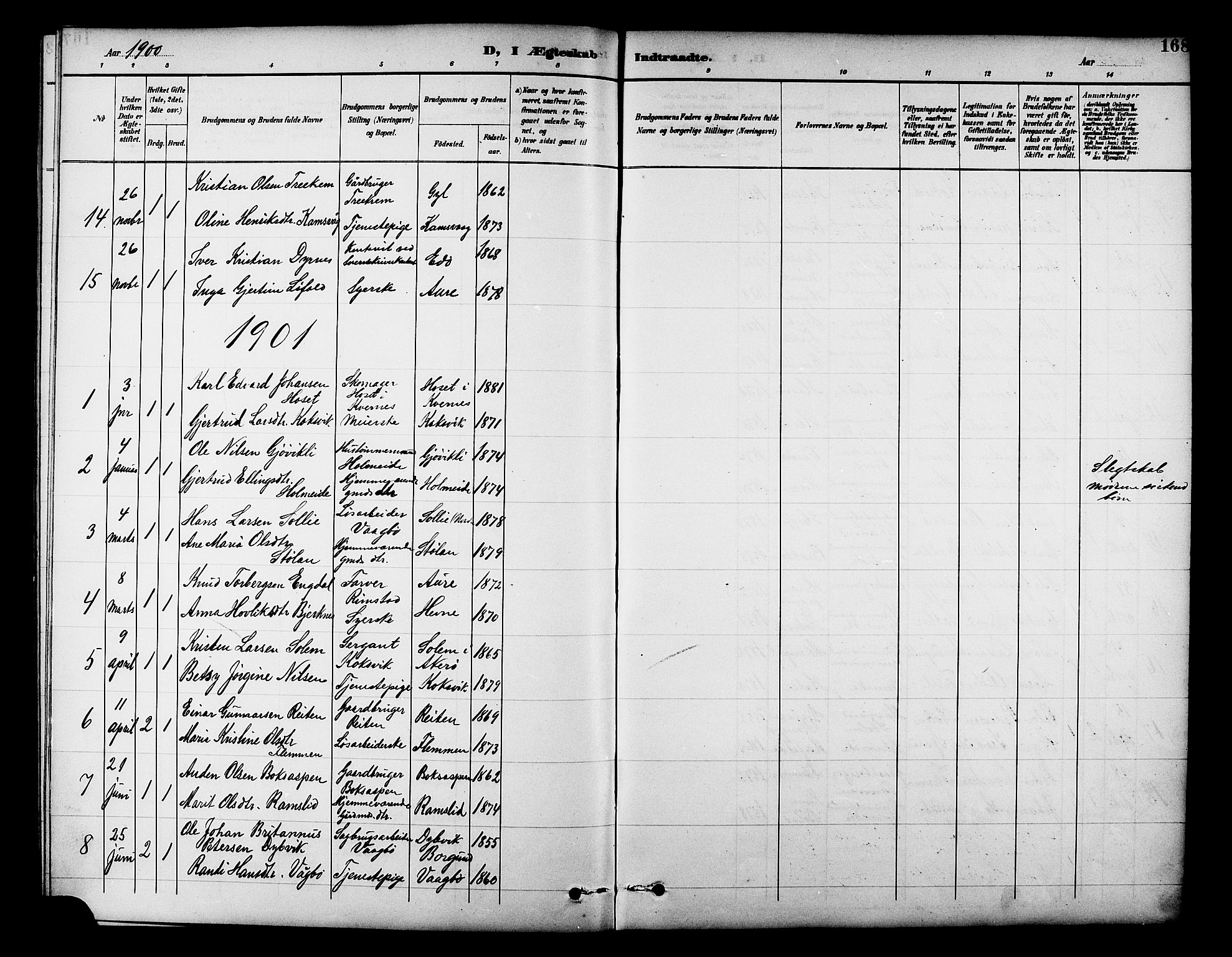 Ministerialprotokoller, klokkerbøker og fødselsregistre - Møre og Romsdal, AV/SAT-A-1454/586/L0992: Parish register (copy) no. 586C03, 1892-1909, p. 168