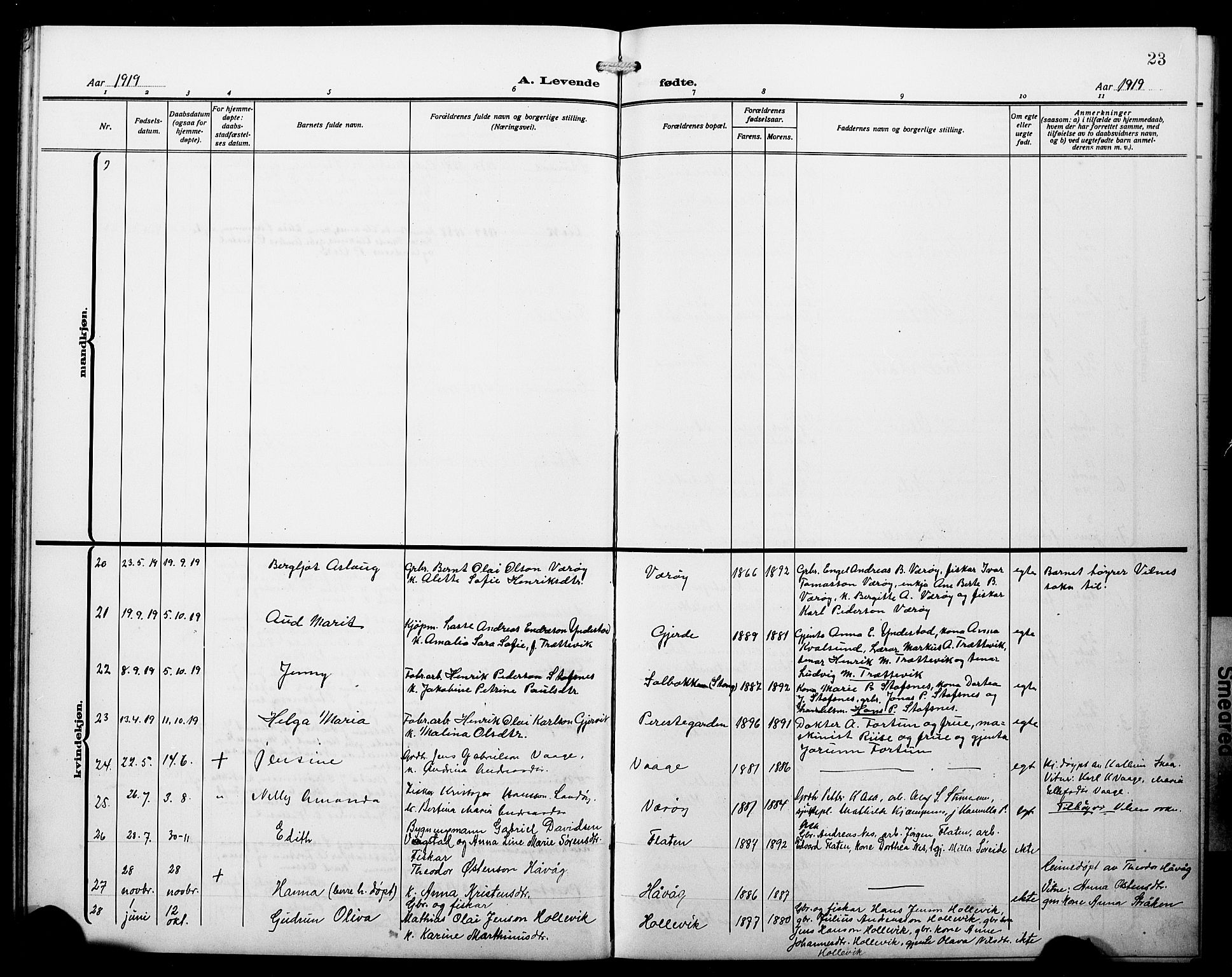 Askvoll sokneprestembete, AV/SAB-A-79501/H/Hab/Haba/L0004: Parish register (copy) no. A 4, 1913-1929, p. 23