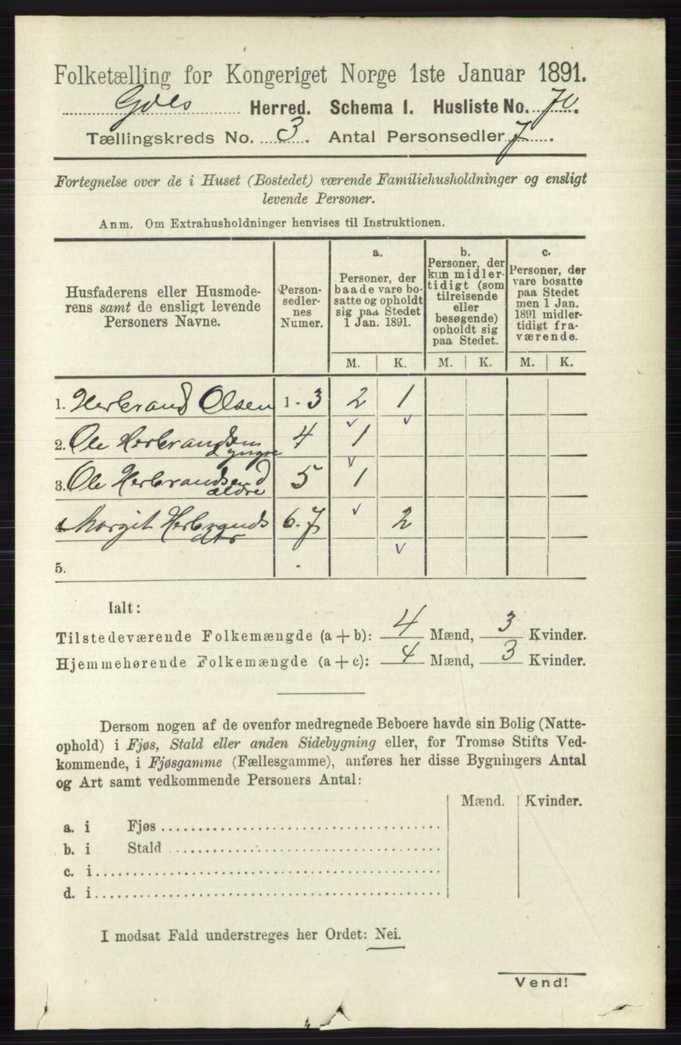 RA, 1891 census for 0617 Gol og Hemsedal, 1891, p. 1265