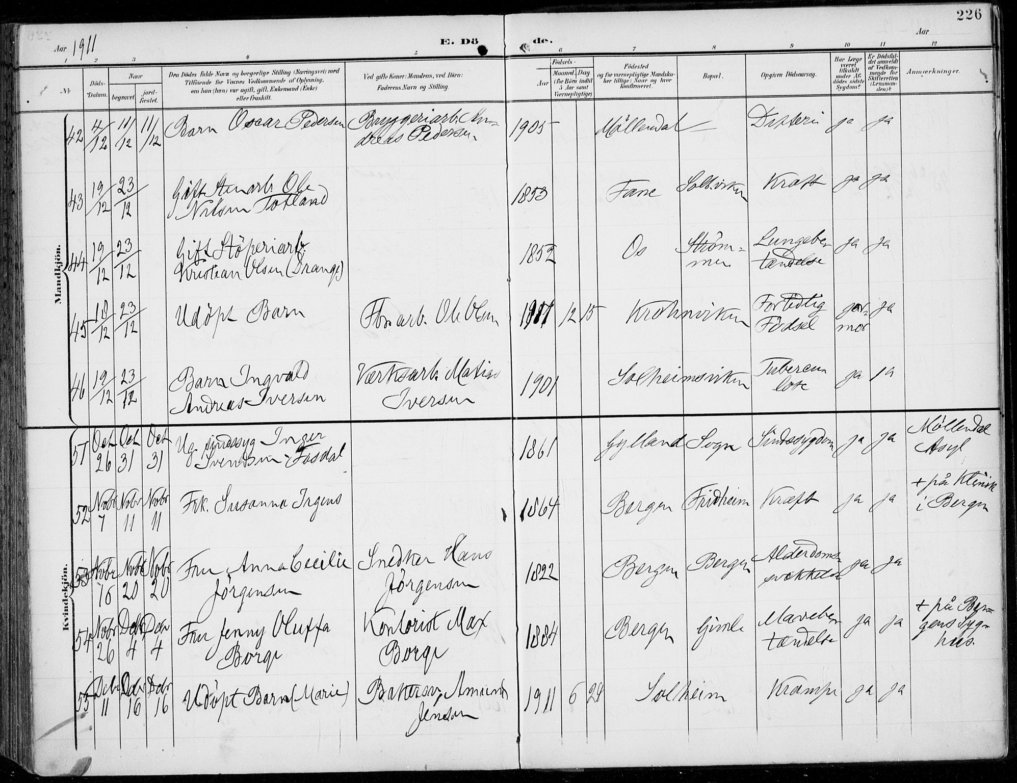 Årstad Sokneprestembete, AV/SAB-A-79301/H/Haa/L0009: Parish register (official) no. C 1, 1902-1918, p. 226