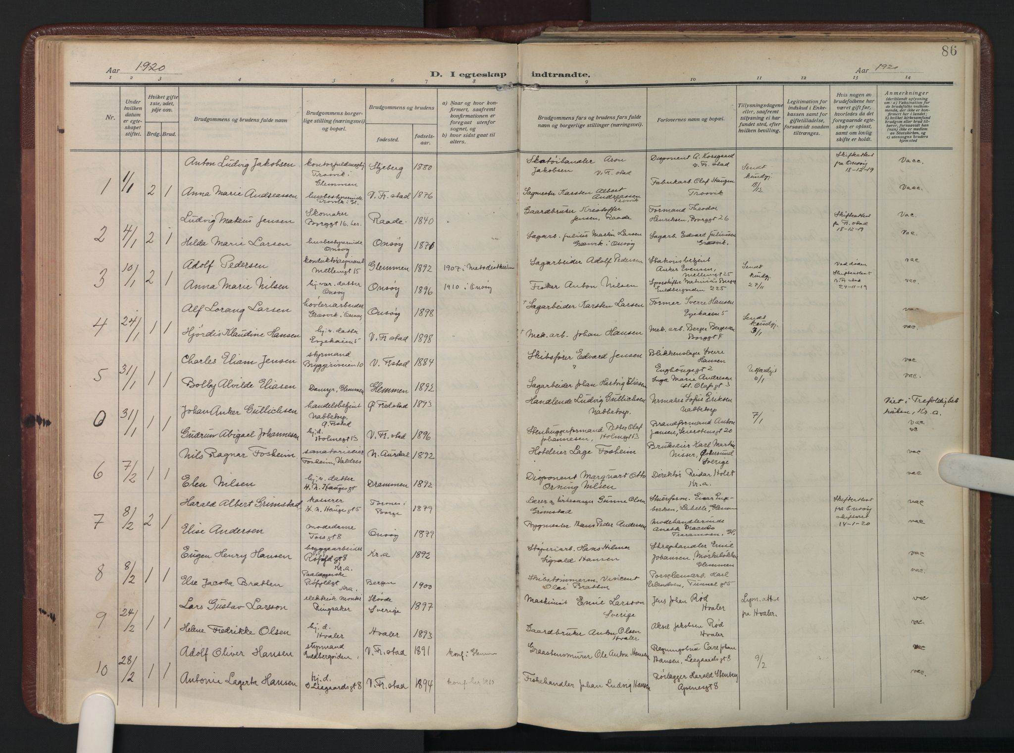 Fredrikstad domkirkes prestekontor Kirkebøker, AV/SAO-A-10906/F/Fa/L0009: Parish register (official) no. I 9, 1908-1946, p. 86