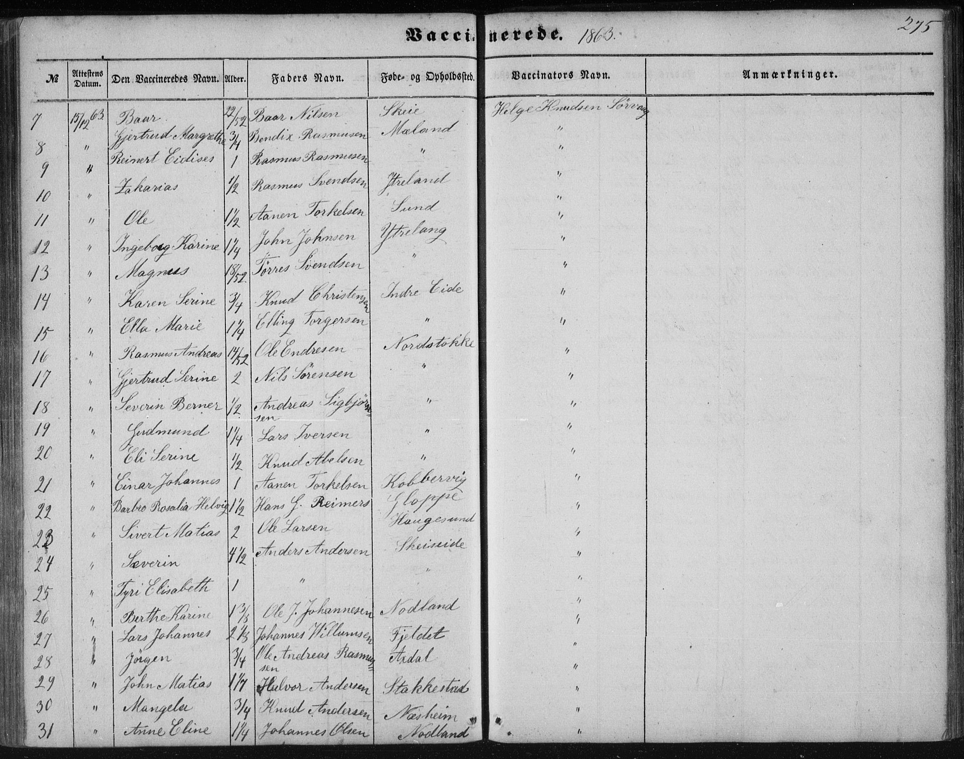 Avaldsnes sokneprestkontor, AV/SAST-A -101851/H/Ha/Haa/L0009: Parish register (official) no. A 9, 1853-1865, p. 275