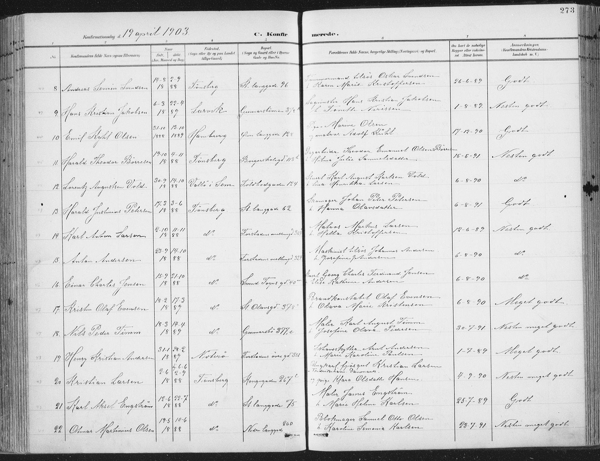 Tønsberg kirkebøker, SAKO/A-330/F/Fa/L0014: Parish register (official) no. I 14, 1900-1913, p. 273