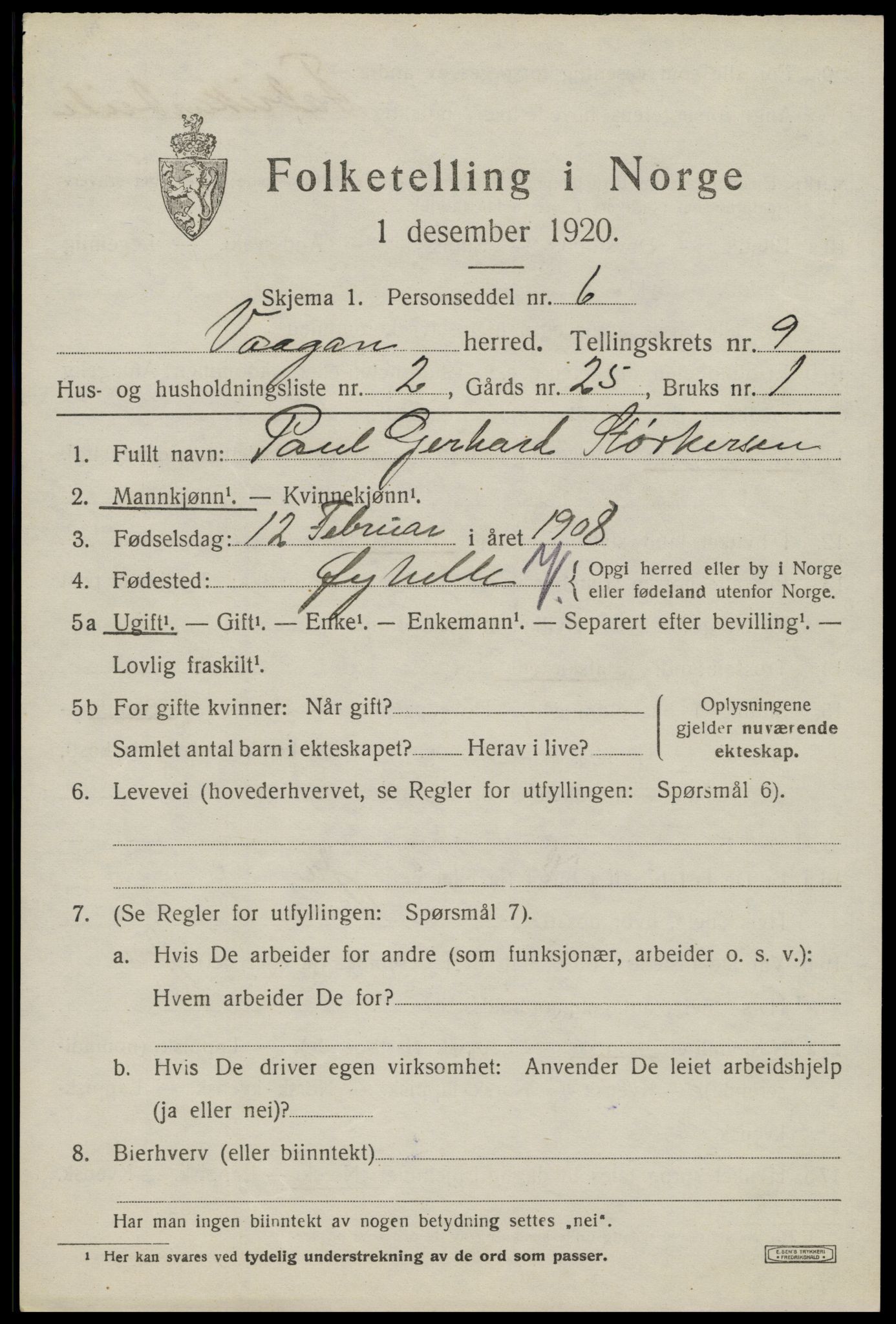 SAT, 1920 census for Vågan, 1920, p. 8121