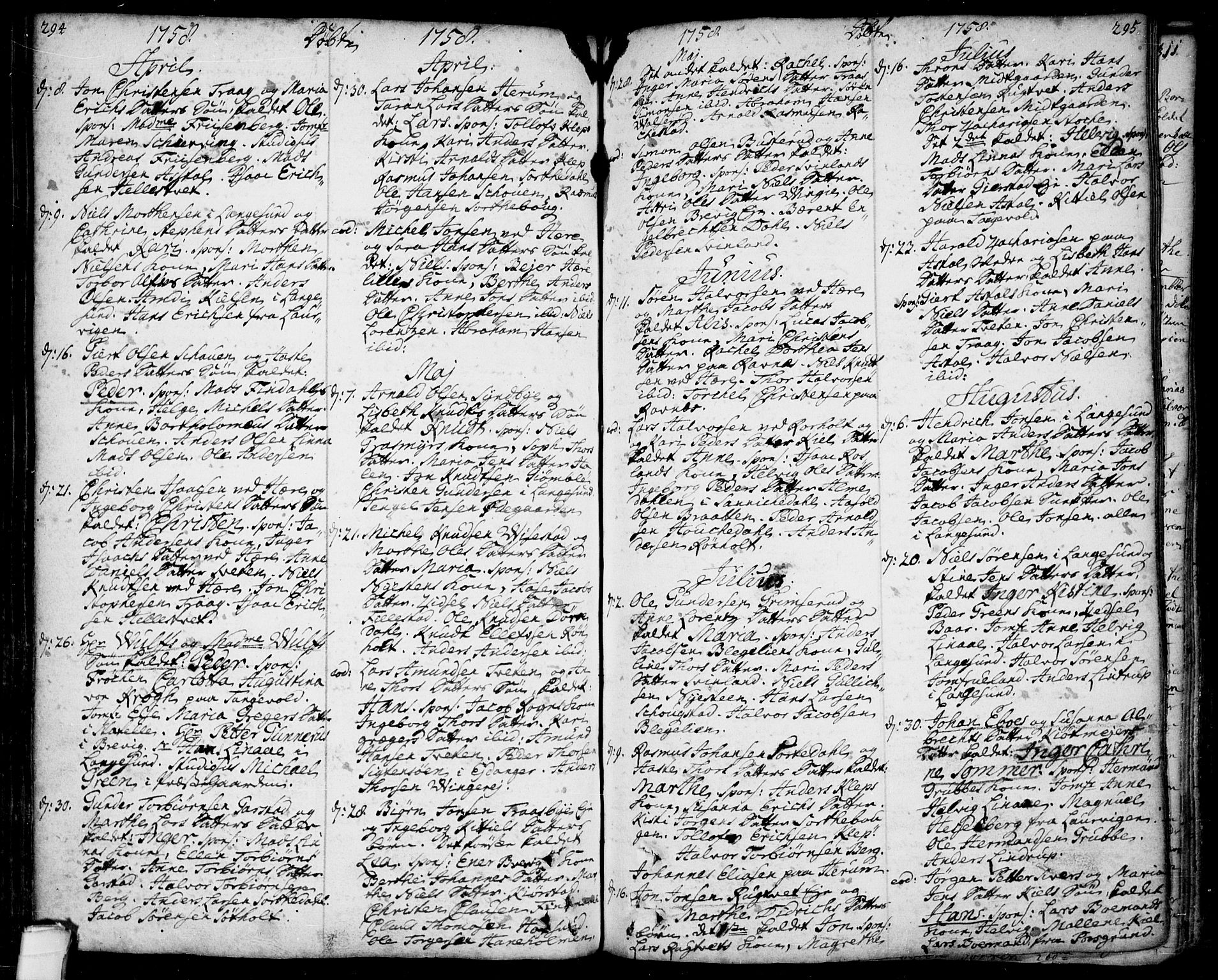 Bamble kirkebøker, SAKO/A-253/F/Fa/L0001: Parish register (official) no. I 1, 1702-1774, p. 294-295