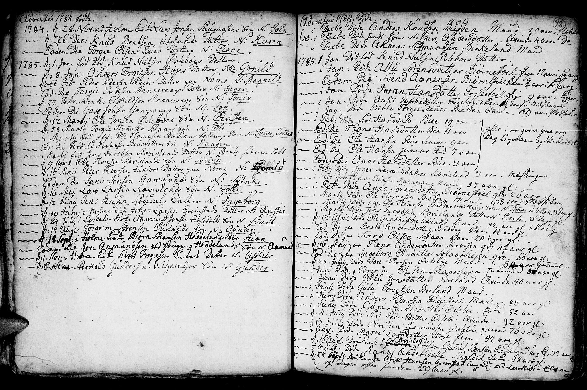 Holum sokneprestkontor, SAK/1111-0022/F/Fb/Fba/L0001: Parish register (copy) no. B 1 /3, 1770-1802, p. 98