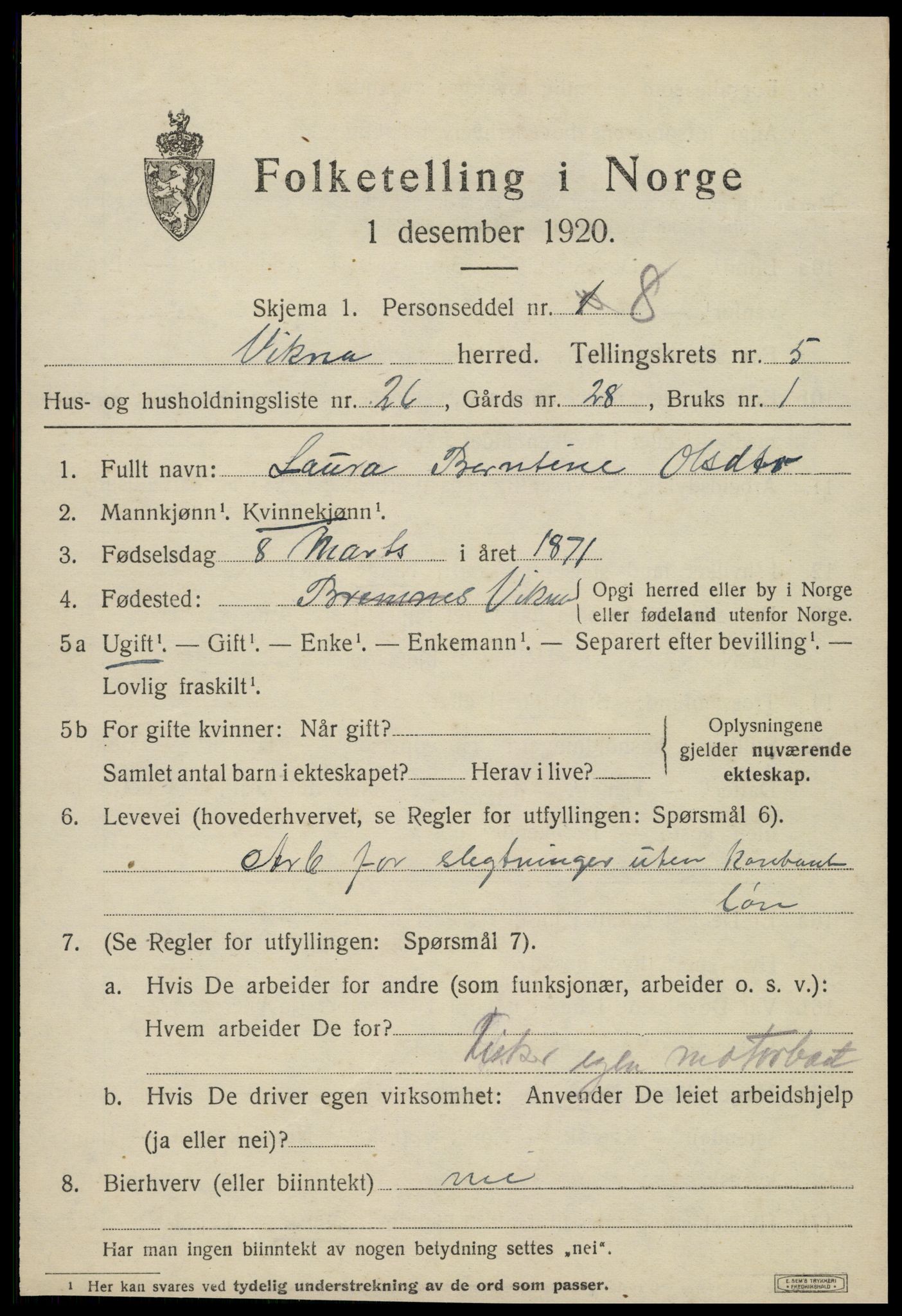 SAT, 1920 census for Vikna, 1920, p. 4995