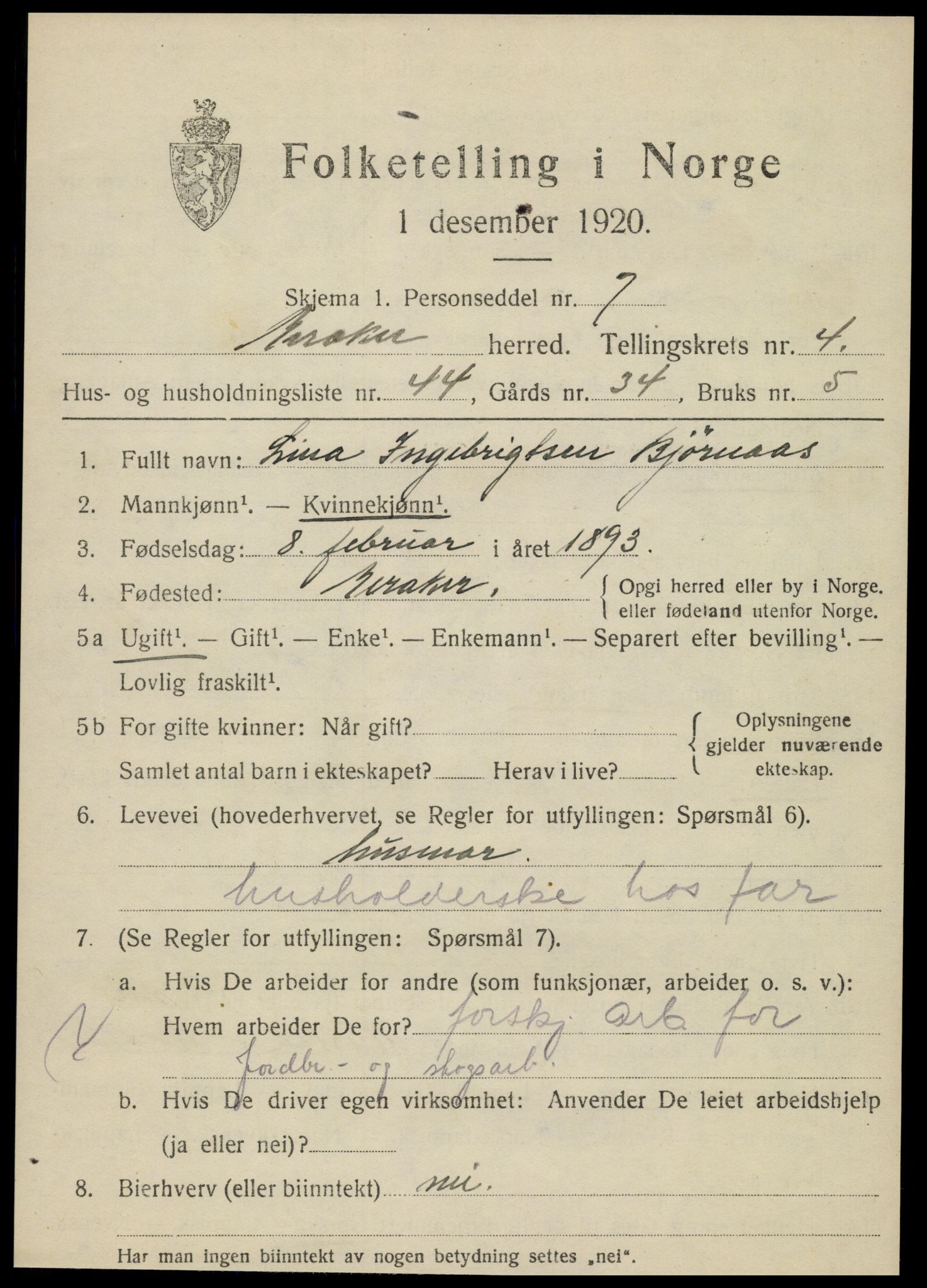 SAT, 1920 census for Meråker, 1920, p. 4024