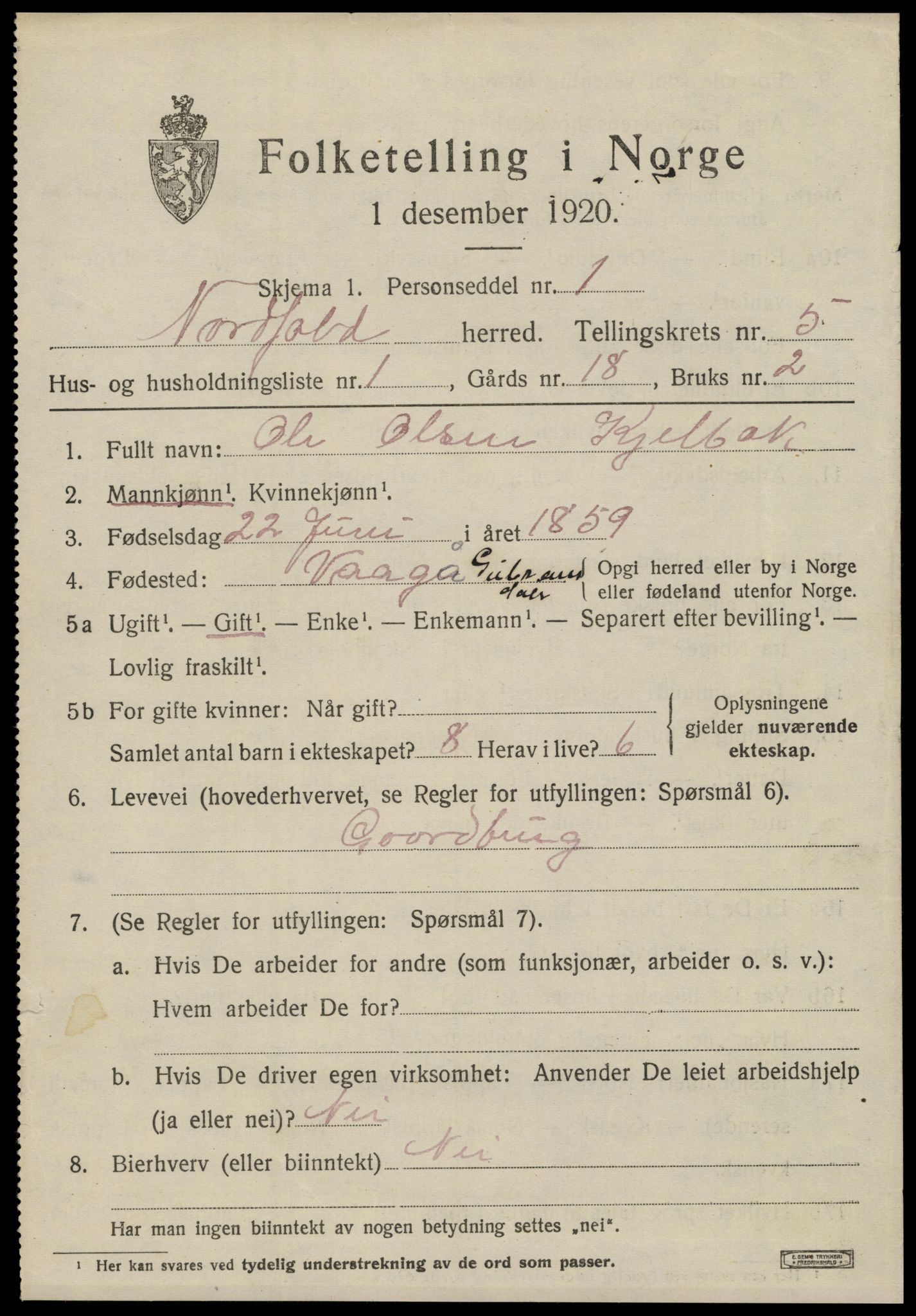 SAT, 1920 census for Nordfold, 1920, p. 2433