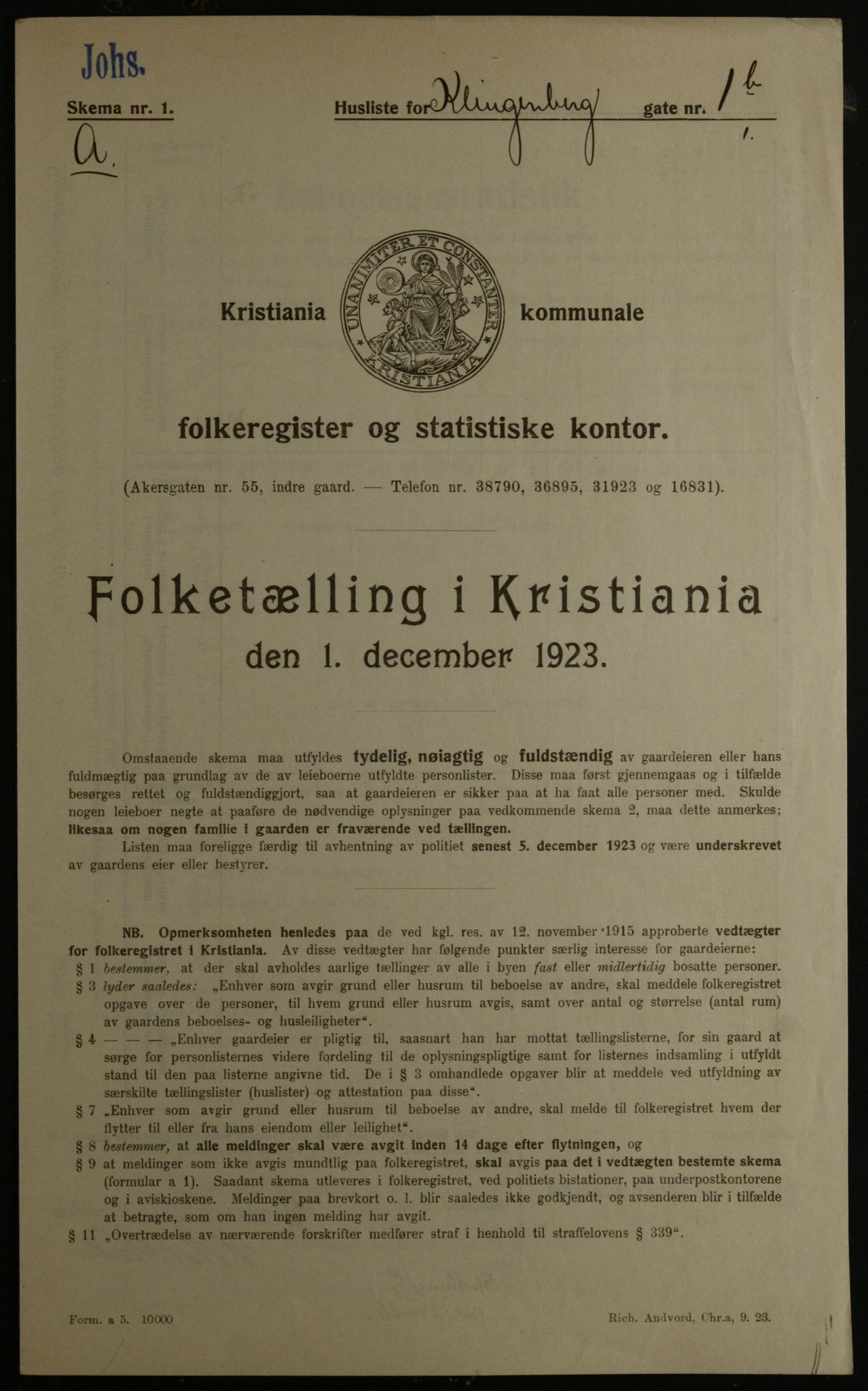 OBA, Municipal Census 1923 for Kristiania, 1923, p. 58215