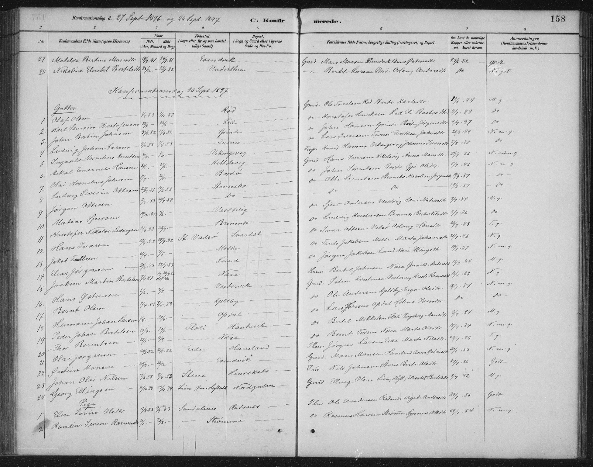 Gulen sokneprestembete, AV/SAB-A-80201/H/Hab/Habb/L0003: Parish register (copy) no. B 3, 1884-1907, p. 158