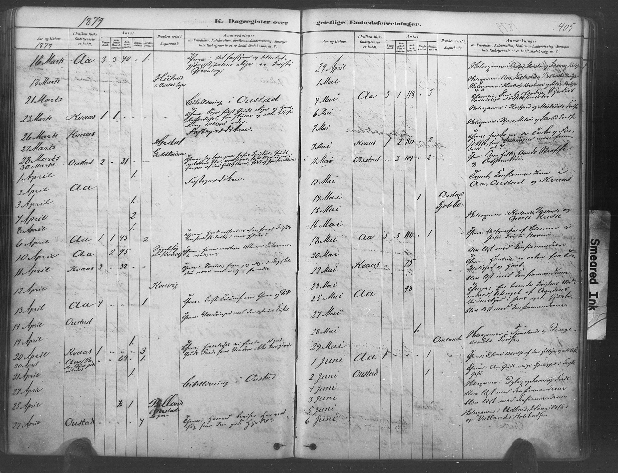 Lyngdal sokneprestkontor, SAK/1111-0029/F/Fa/Fac/L0011: Parish register (official) no. A 11, 1878-1893, p. 405