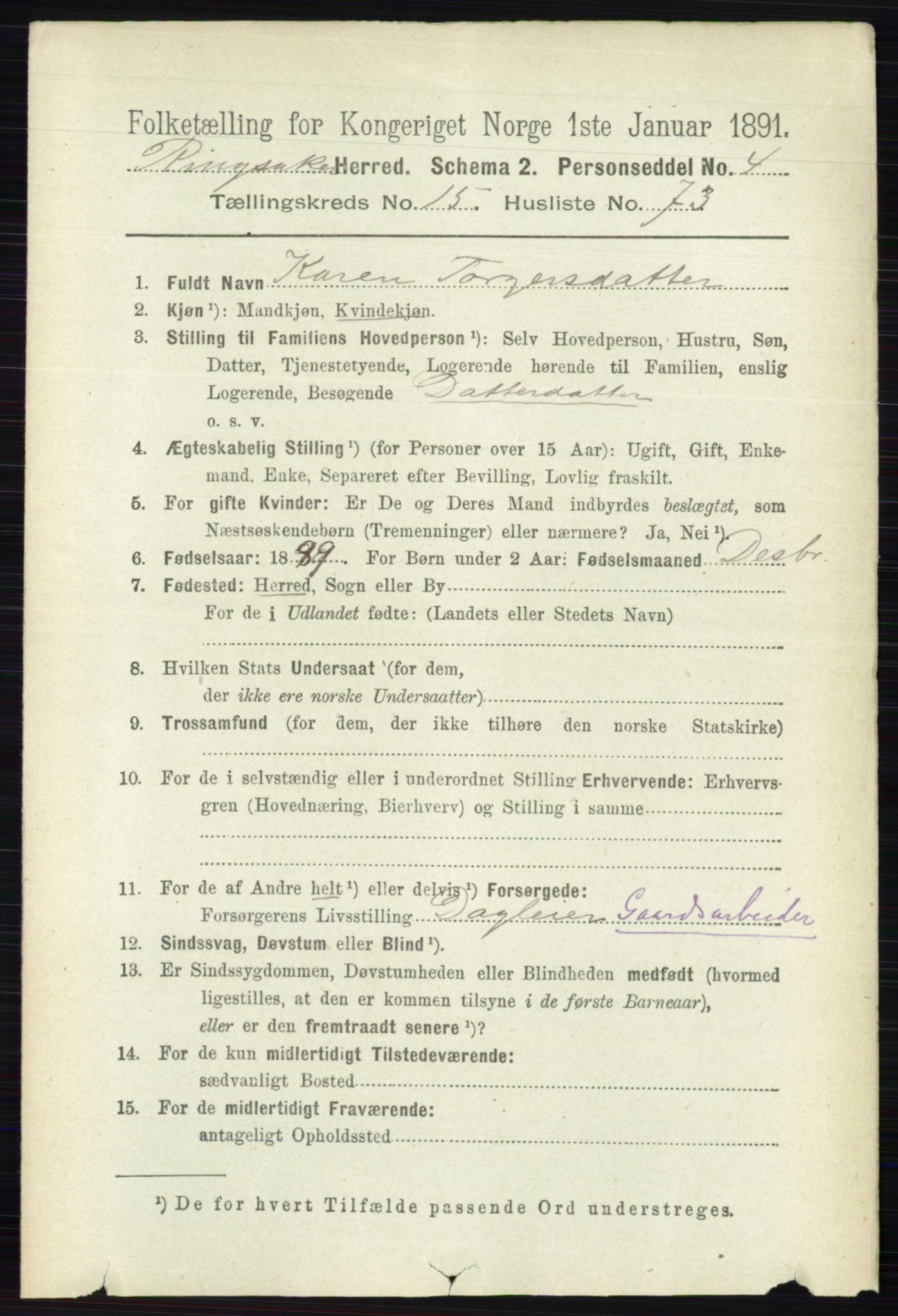 RA, 1891 census for 0412 Ringsaker, 1891, p. 8928