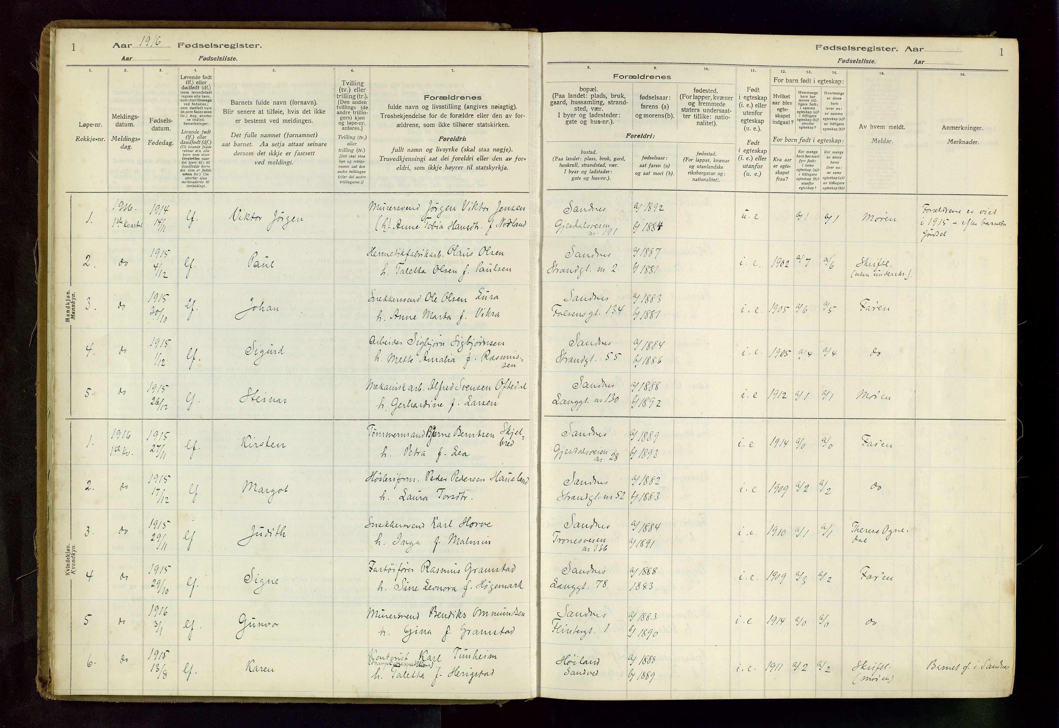 Sandnes sokneprestkontor, AV/SAST-A-101800/704BA/L0001: Birth register no. 1, 1916-1942, p. 1