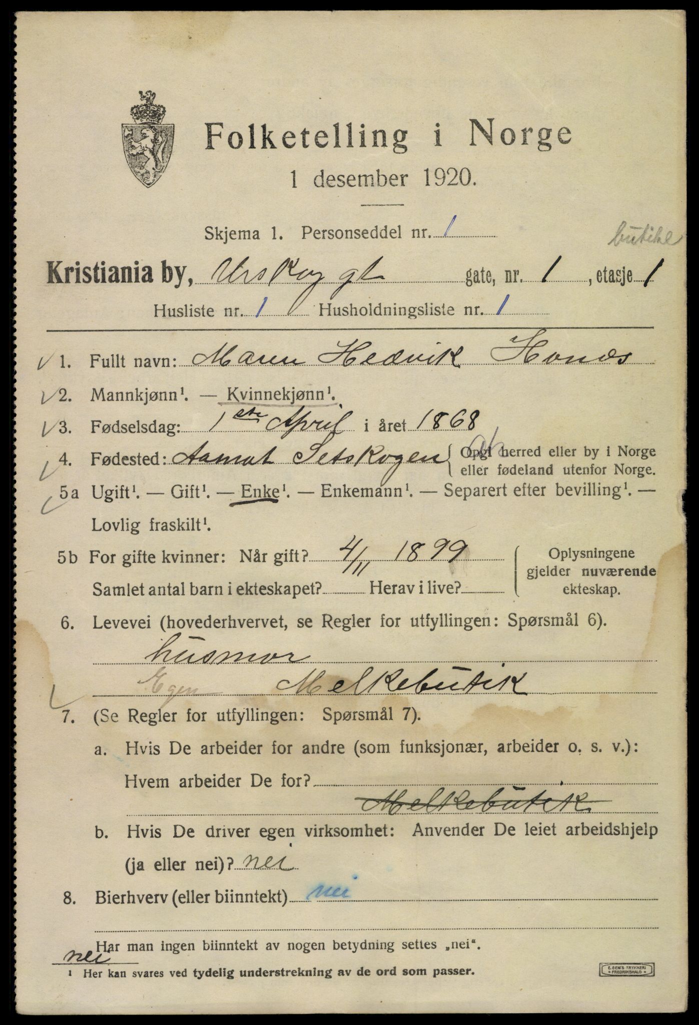 SAO, 1920 census for Kristiania, 1920, p. 620185