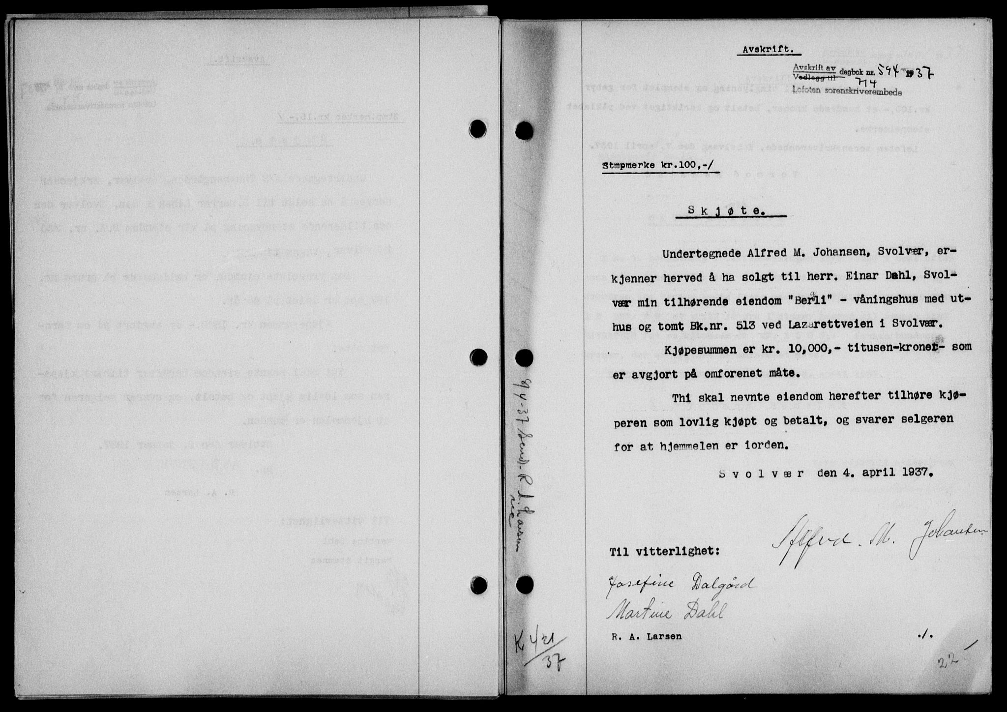 Lofoten sorenskriveri, SAT/A-0017/1/2/2C/L0002a: Mortgage book no. 2a, 1937-1937, Diary no: : 594/1937
