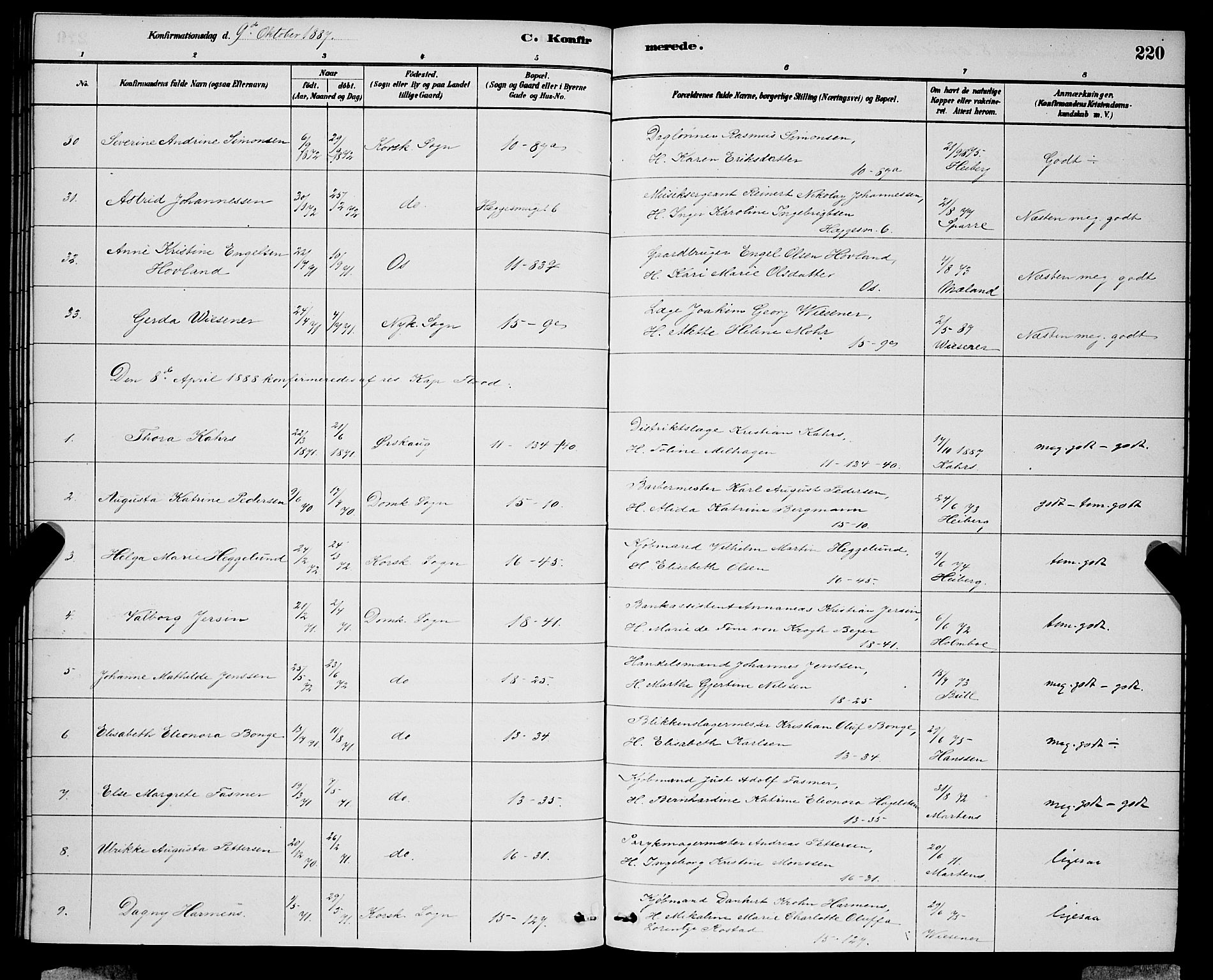 Domkirken sokneprestembete, SAB/A-74801/H/Hab/L0024: Parish register (copy) no. C 4, 1880-1899, p. 220