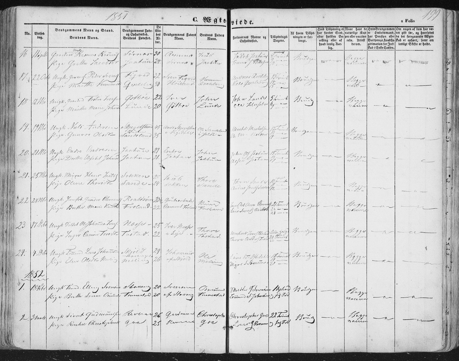 Hetland sokneprestkontor, AV/SAST-A-101826/30/30BA/L0002: Parish register (official) no. A 2, 1849-1869, p. 199