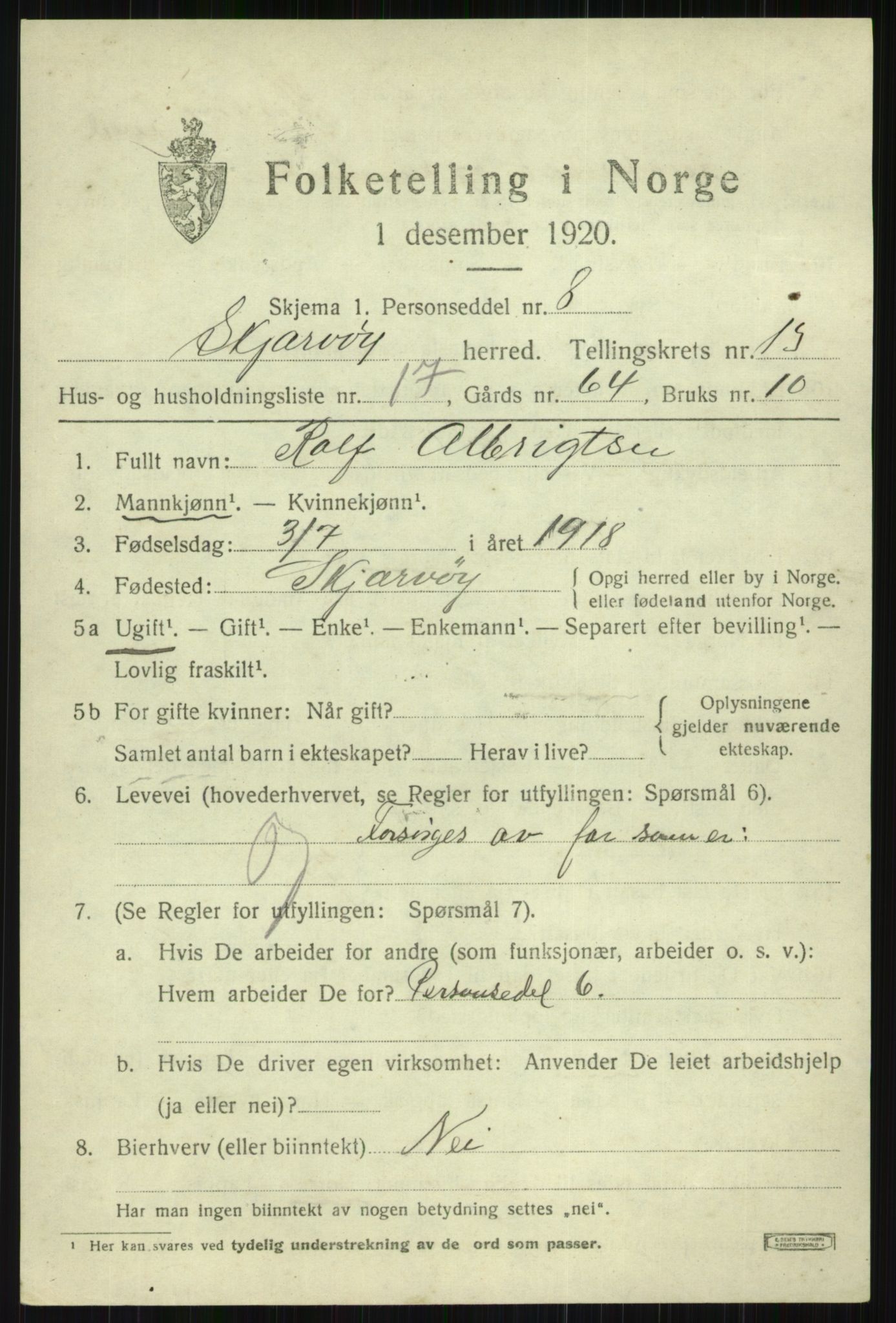 SATØ, 1920 census for Skjervøy, 1920, p. 6613