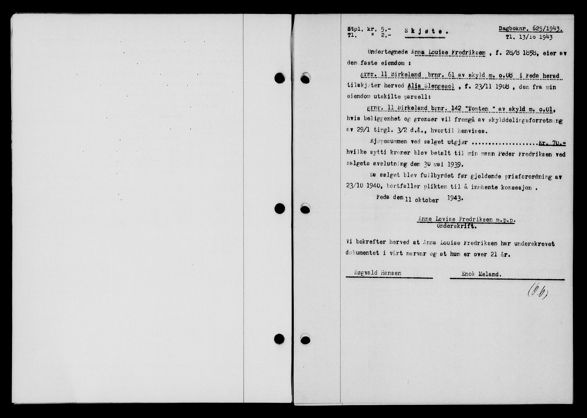 Flekkefjord sorenskriveri, SAK/1221-0001/G/Gb/Gba/L0058: Mortgage book no. A-6, 1942-1944, Diary no: : 625/1943