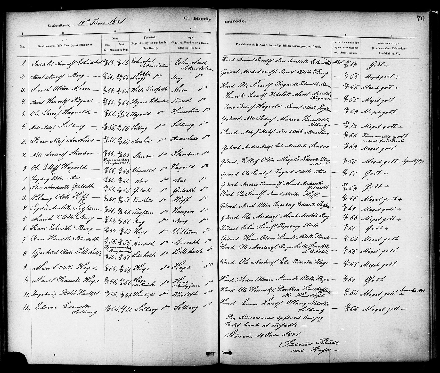 Ministerialprotokoller, klokkerbøker og fødselsregistre - Sør-Trøndelag, SAT/A-1456/689/L1040: Parish register (official) no. 689A05, 1878-1890, p. 70