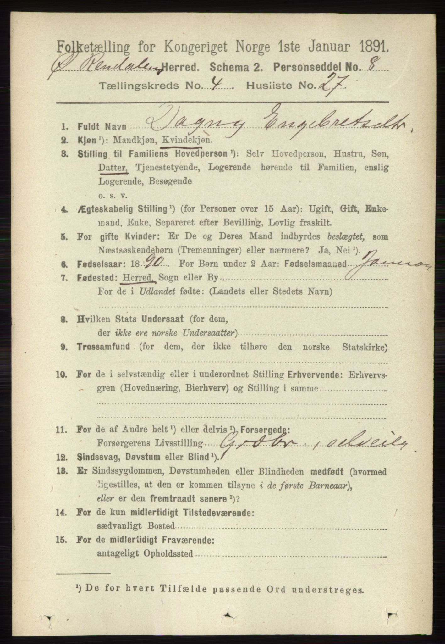 RA, 1891 census for 0433 Øvre Rendal, 1891, p. 1133
