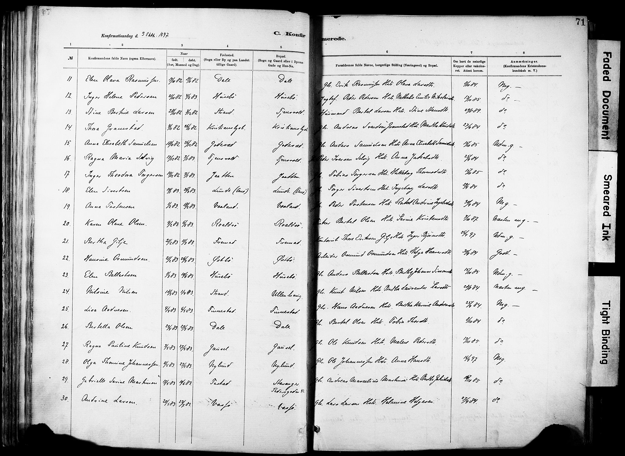 Hetland sokneprestkontor, SAST/A-101826/30/30BA/L0012: Parish register (official) no. A 12, 1882-1912, p. 71