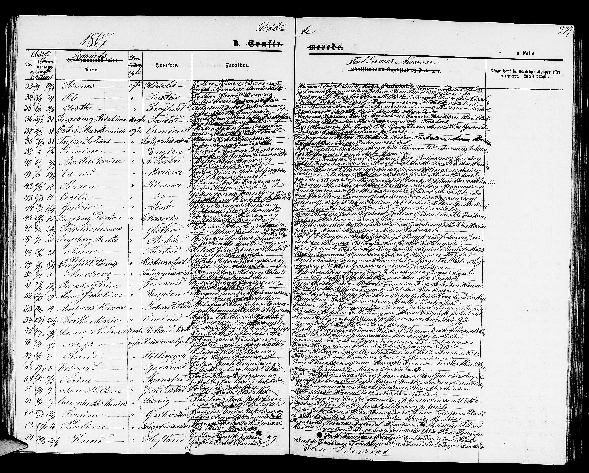Hetland sokneprestkontor, SAST/A-101826/30/30BB/L0001: Parish register (copy) no. B 1, 1850-1868, p. 279